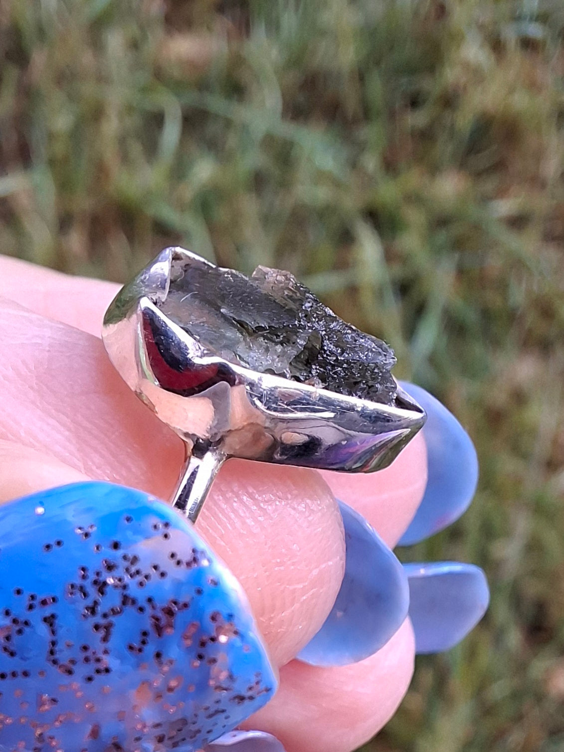 Moldavite Ring, size large G/small H, 925 Silver, Tektite (Ref: R19)