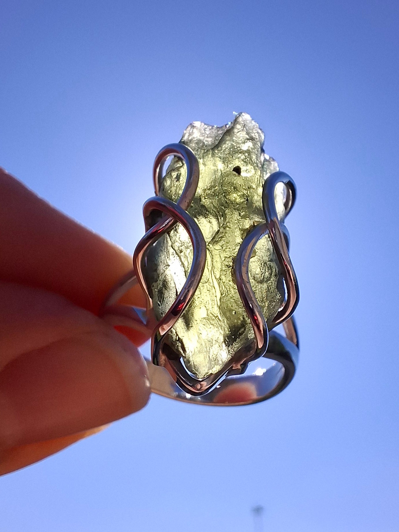 Moldavite Ring, size O, 925 Silver, Tektite (Ref: R8)