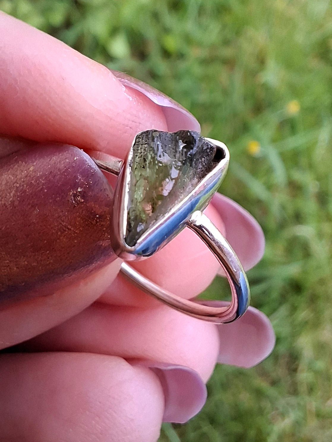 Moldavite Ring, size large K/small L, 925 Silver, Tektite (Ref: R57)