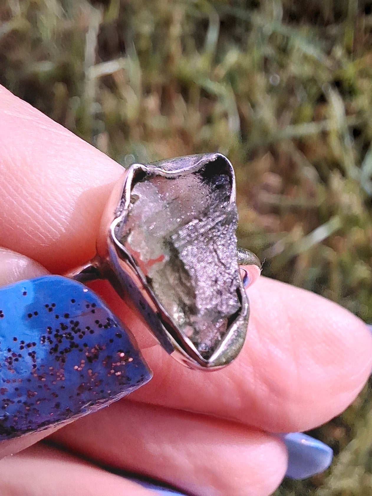 Moldavite Ring, size large G/small H, 925 Silver, Tektite (Ref: R19)