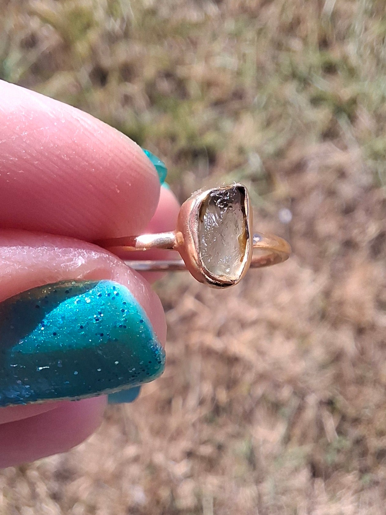 Moldavite Ring, 14K GOLD Plated, size small L, Tektite (Ref: R342)