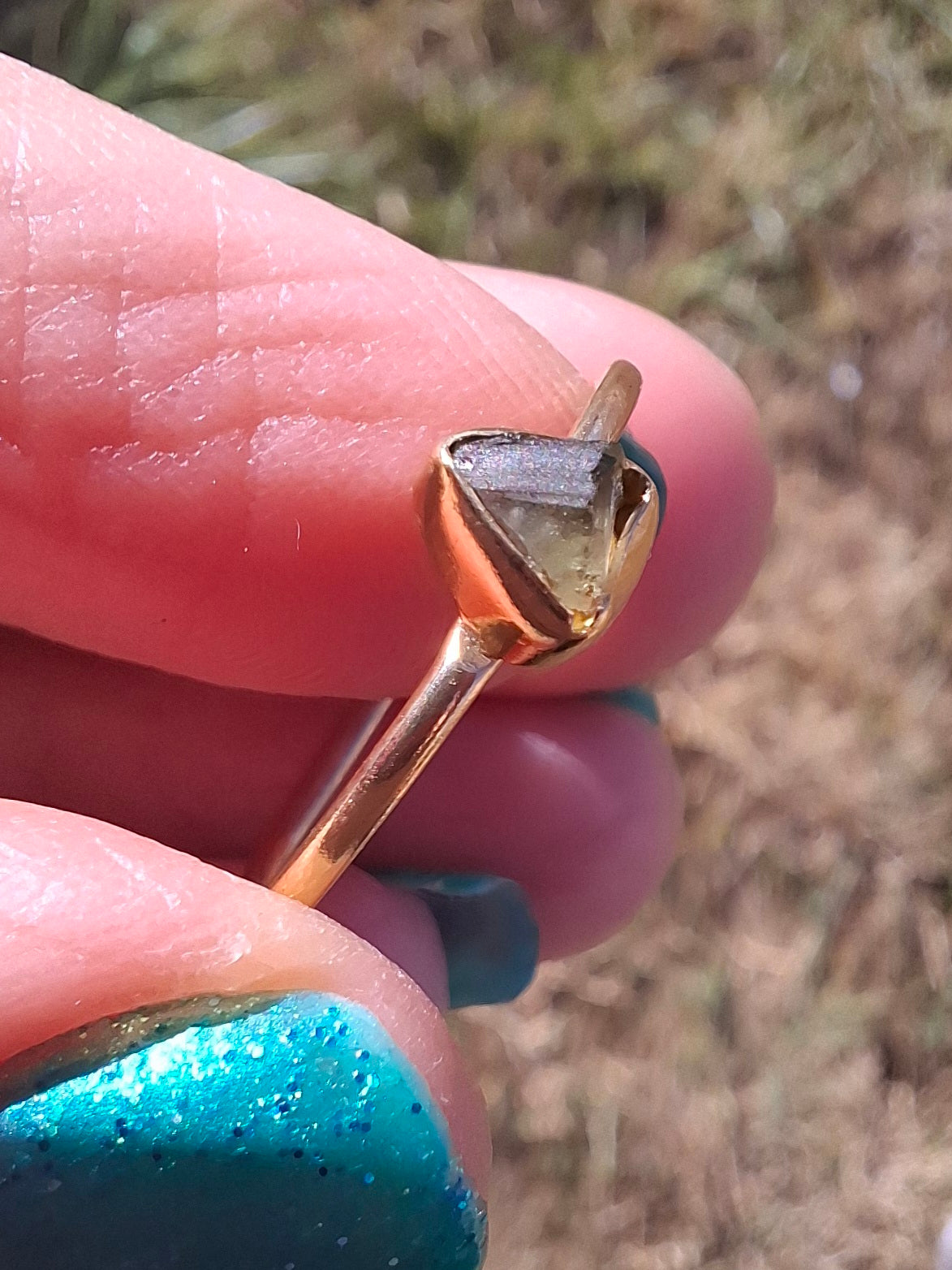 Moldavite Ring, 14K GOLD Plated, size large T, Tektite (Ref: R349)