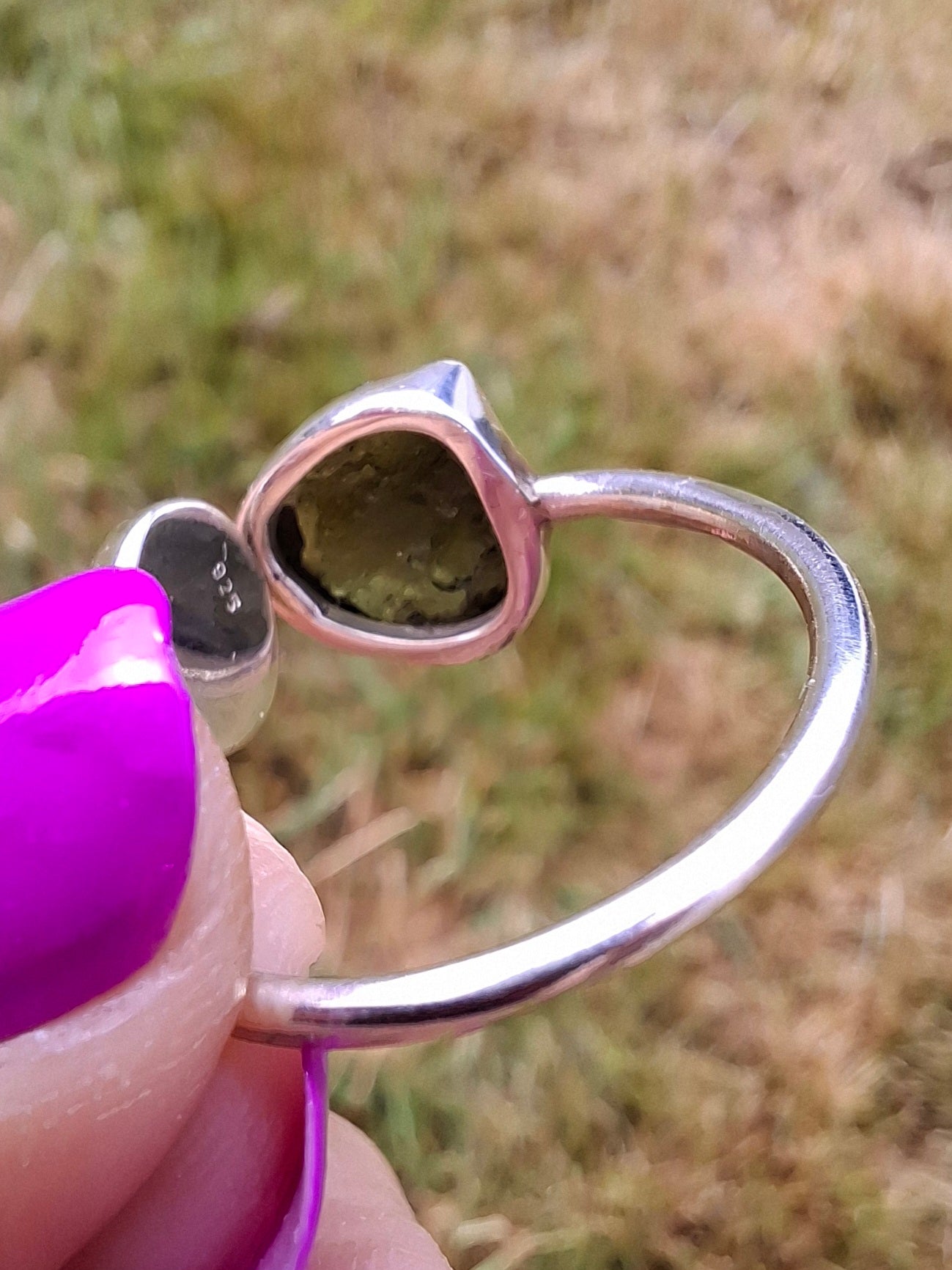 Moldavite ADJUSTABLE Ring, size large V/small W, 925 Silver, Tektite (Ref: AR51)