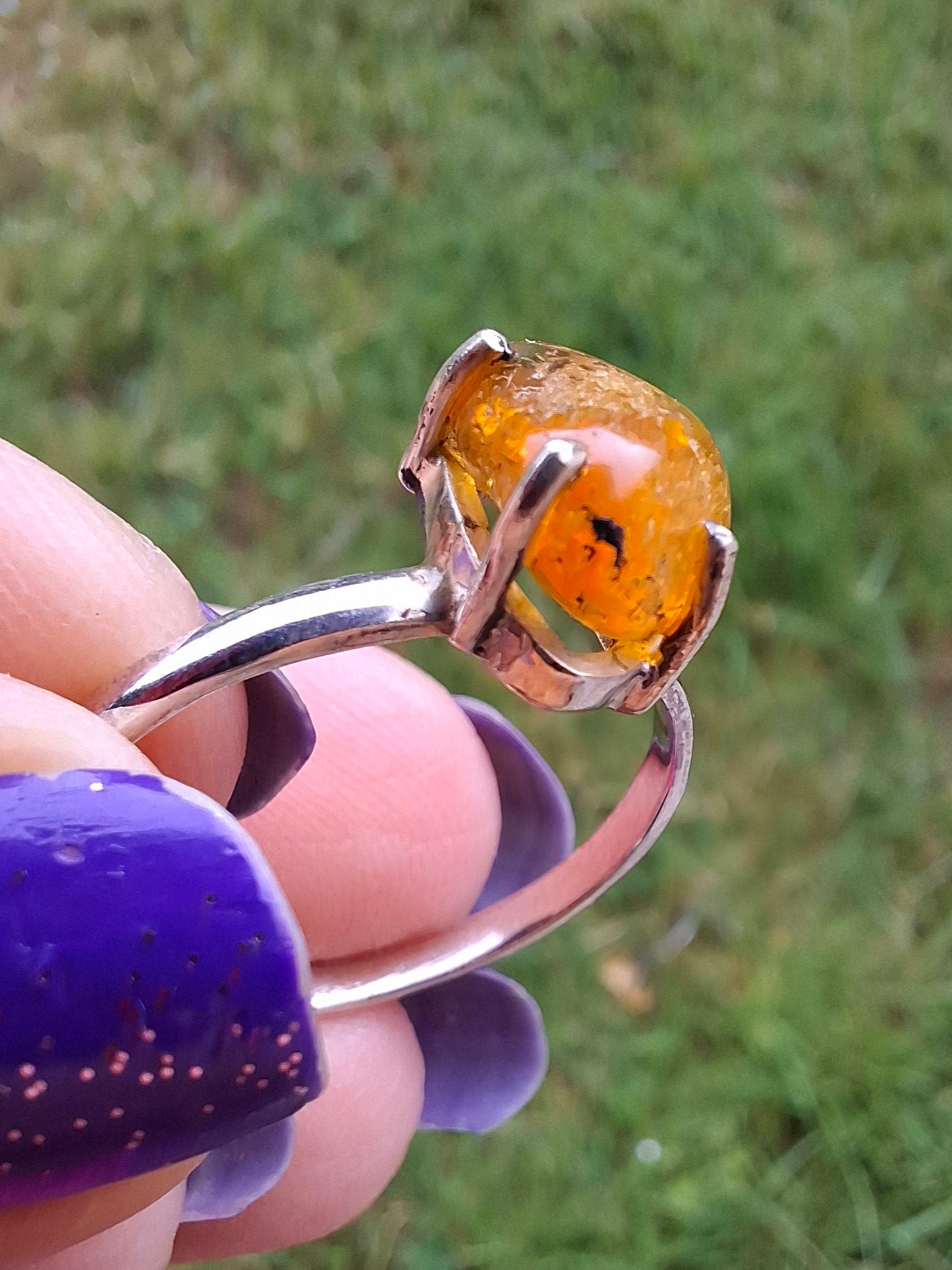 Baltic Amber Ring, size large Y, 925 Silver, Fossil (Ref: AR37)