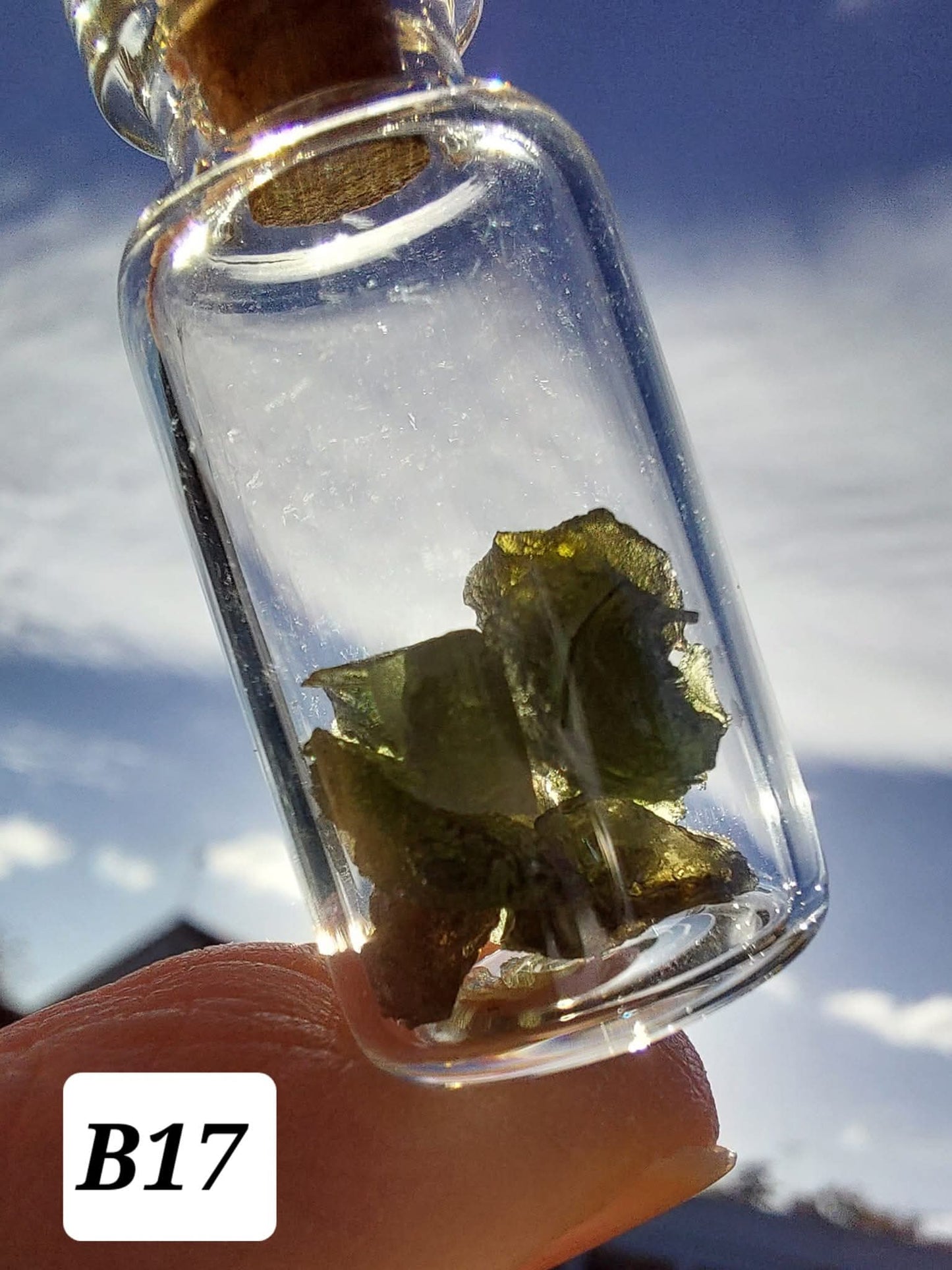 Moldavite chips (1.50g) in 3ml glass Bottle, Tektite (Ref: B17)