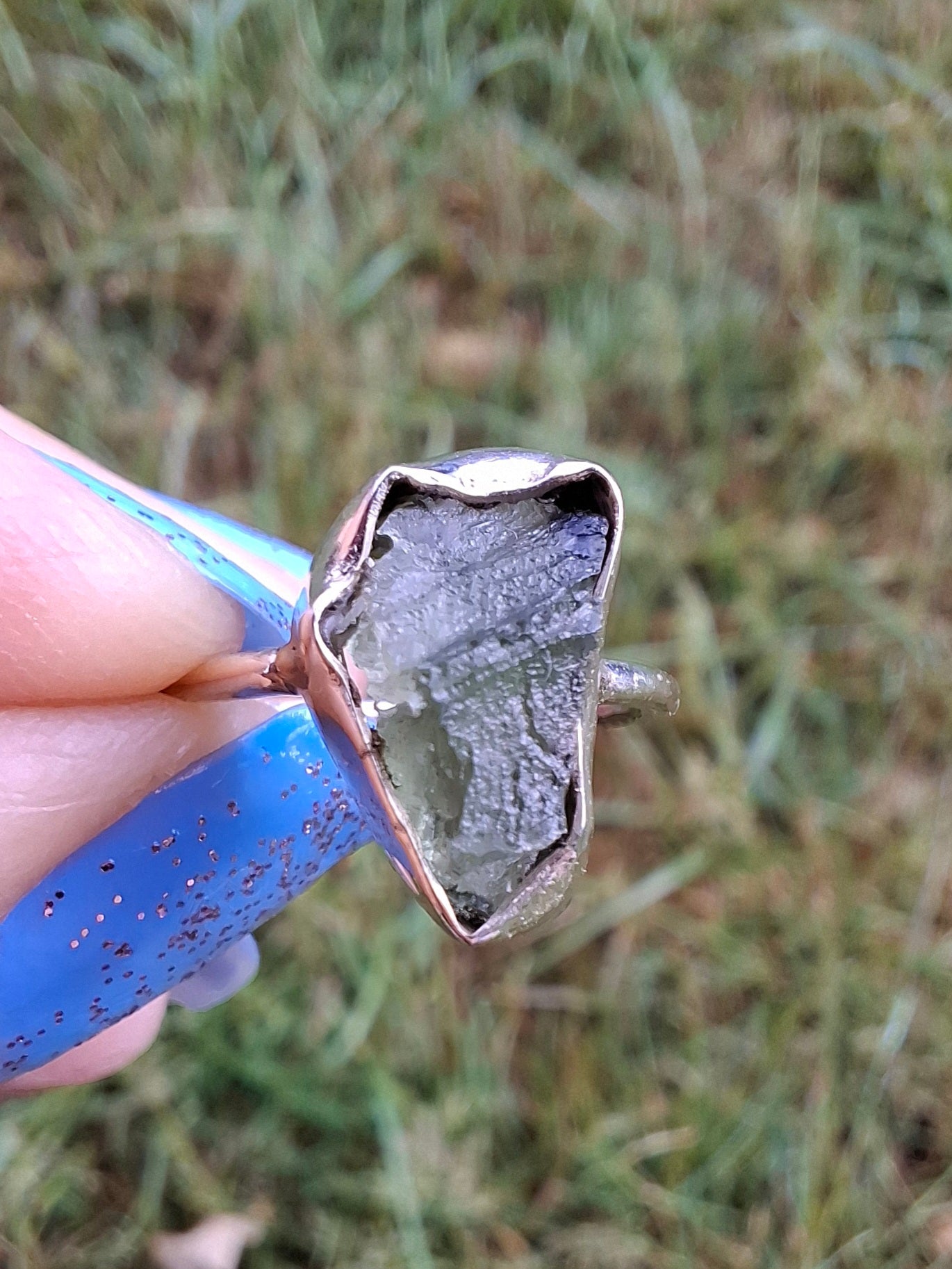 Moldavite Ring, size large G/small H, 925 Silver, Tektite (Ref: R19)