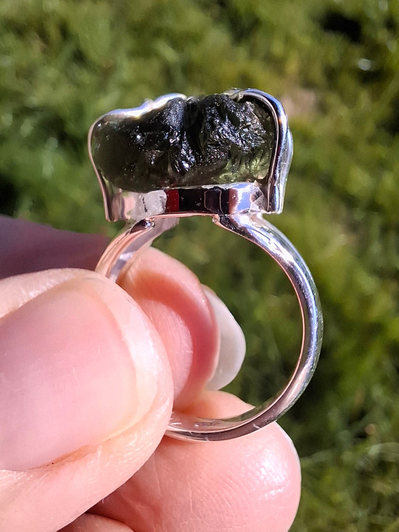 Moldavite Ring, size large L/small M, 925 Silver, Tektite (Ref: R4)