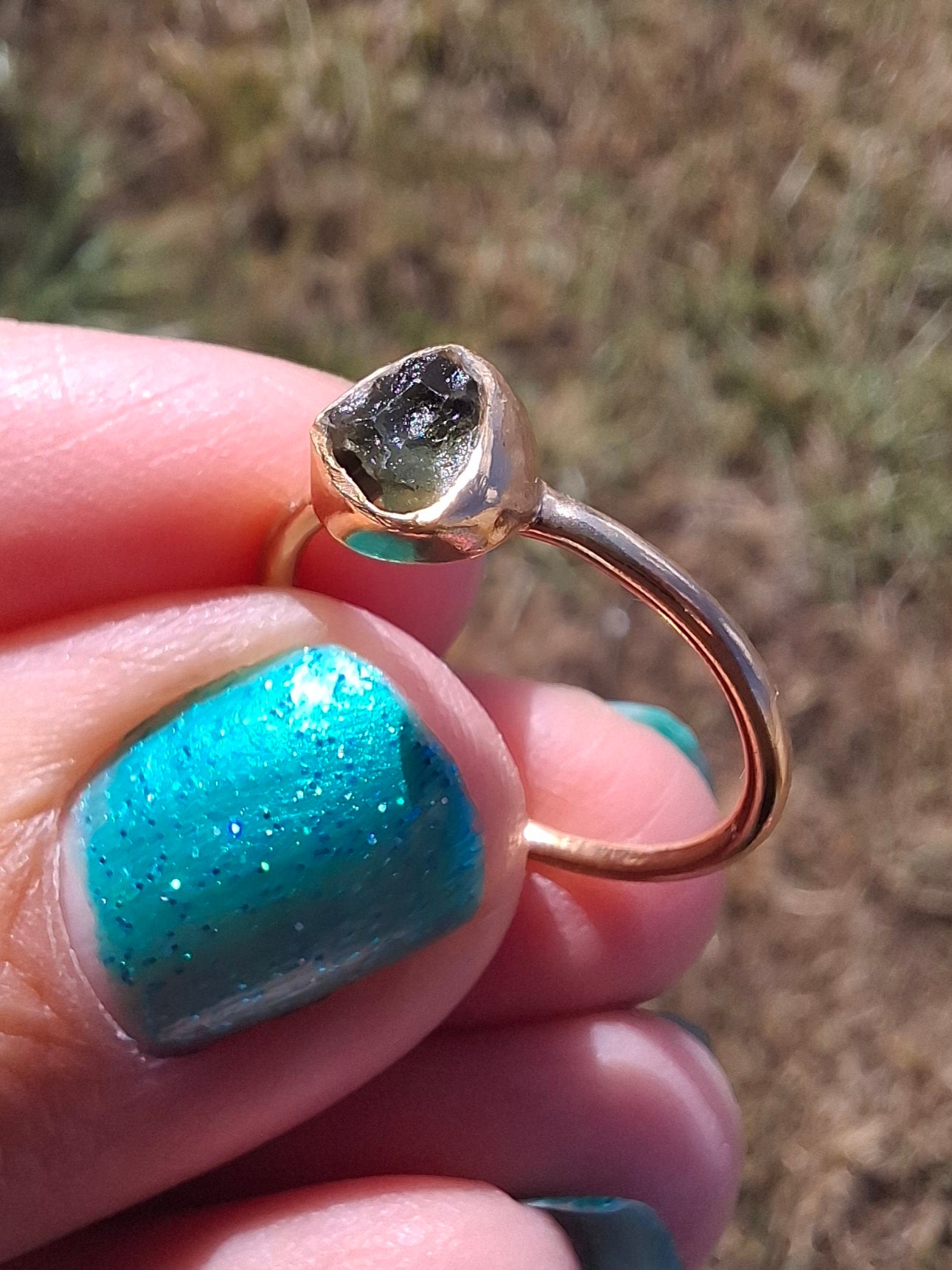Moldavite Ring, 14K GOLD Plated, size large L, Tektite (Ref: R343)