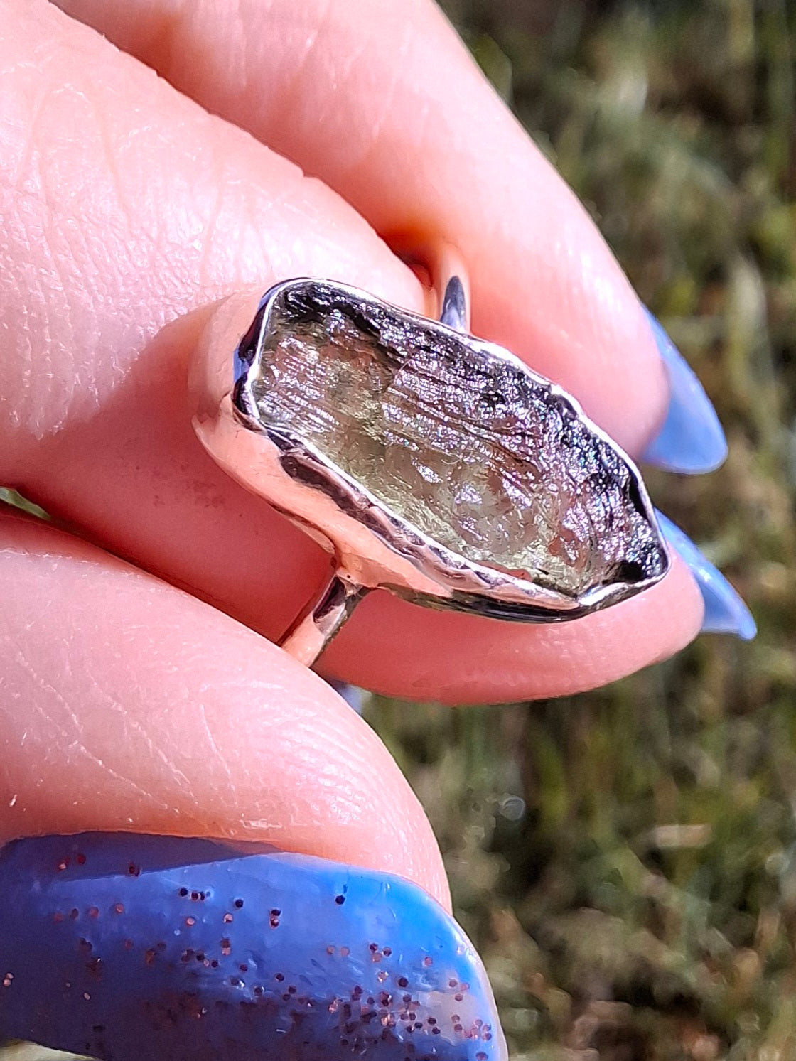 Moldavite Ring, size large R, 925 Silver, Tektite (Ref: R27)