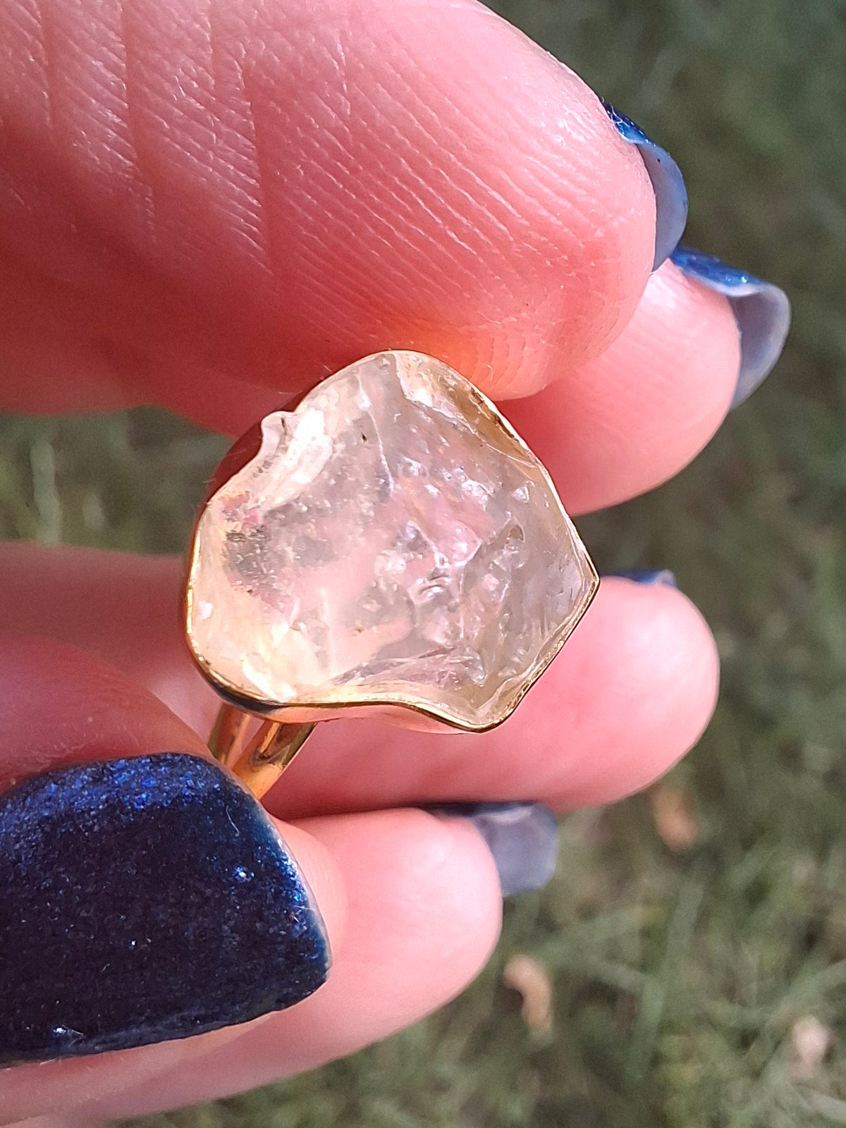 Libyan Desert Glass Ring, 14K GOLD Plated, size large N, Tektite (Ref: LR75)
