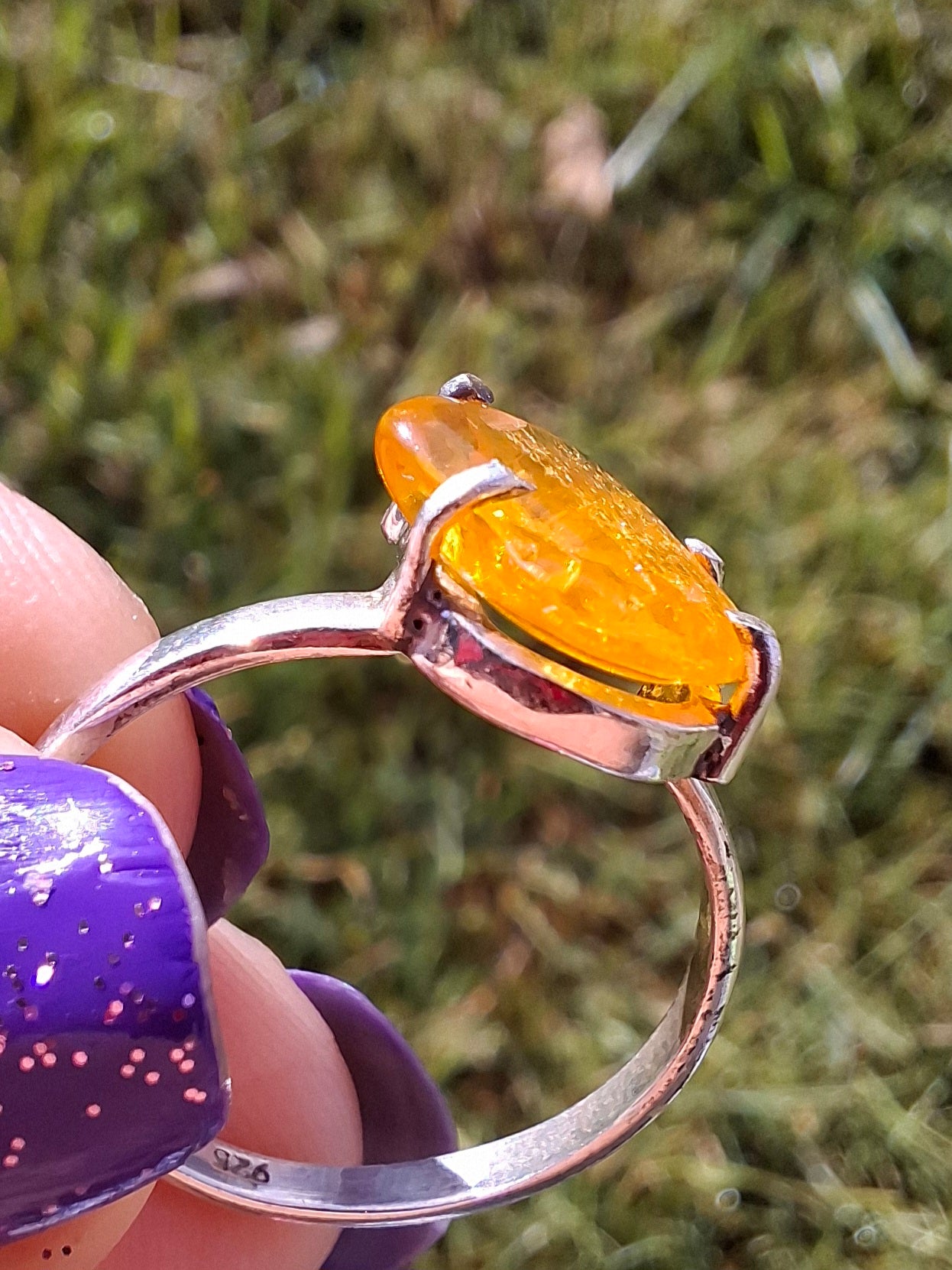 Baltic Amber Ring, size large R, 925 Silver, Fossil (Ref: AR17)