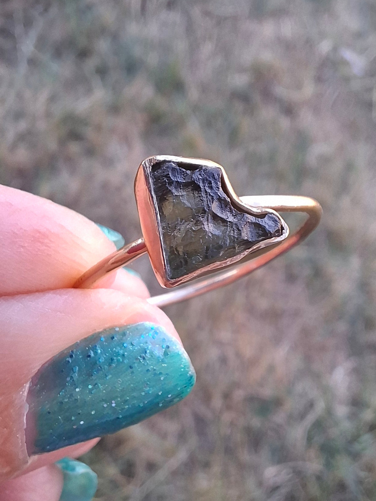 Moldavite Ring, 14K GOLD Plated, size large U, Tektite (Ref: R351)
