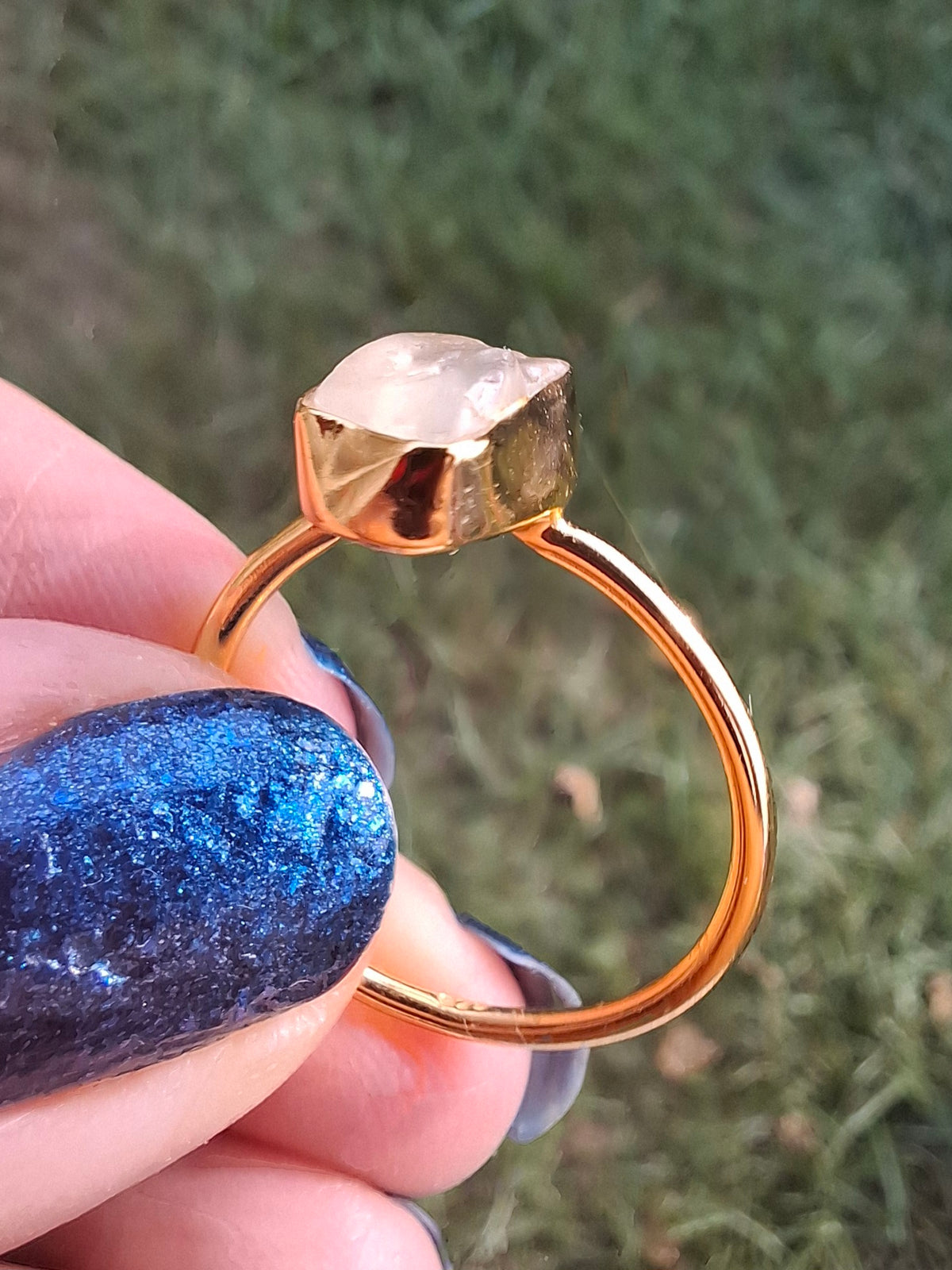 Libyan Desert Glass Ring, 14K GOLD Plated, size large Q, Tektite (Ref: LR64)