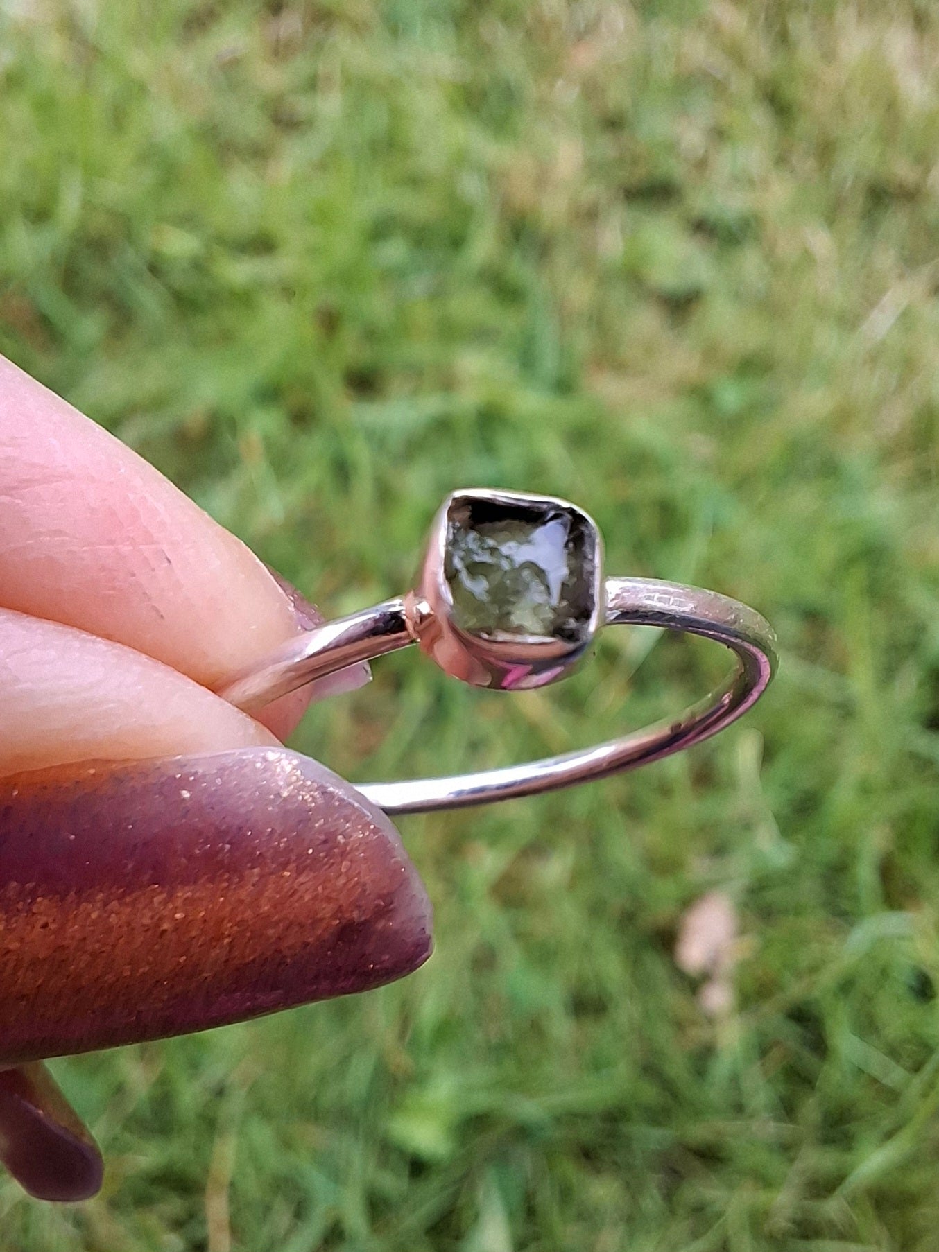 Moldavite Ring, size large L/small M, 925 Silver, Tektite (Ref: R37)