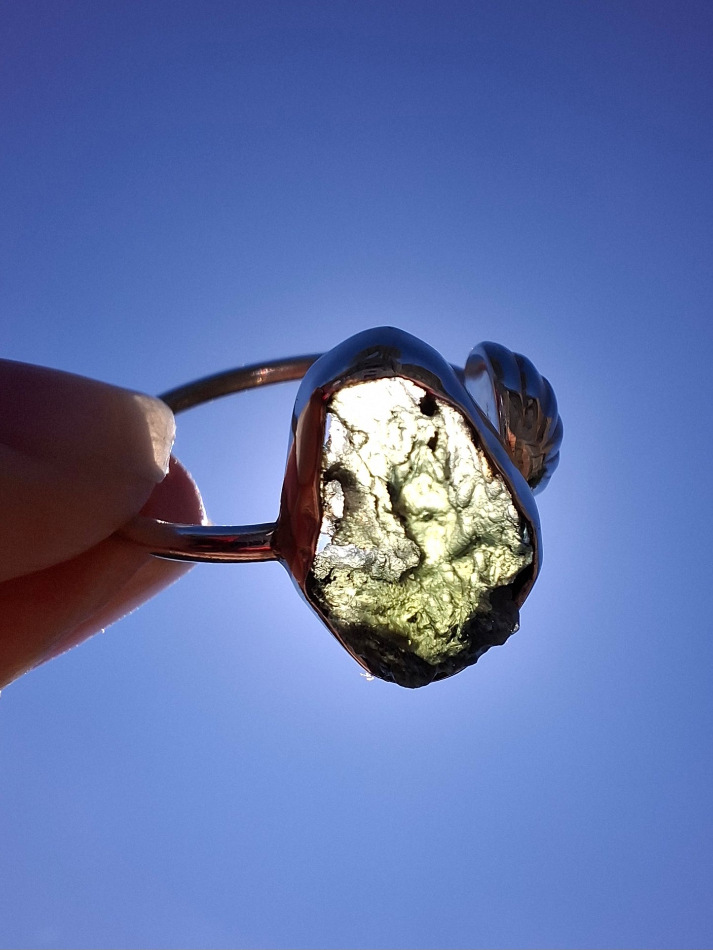 Moldavite ADJUSTABLE Ring, size large R, 925 Silver, Tektite (Ref: AR49)
