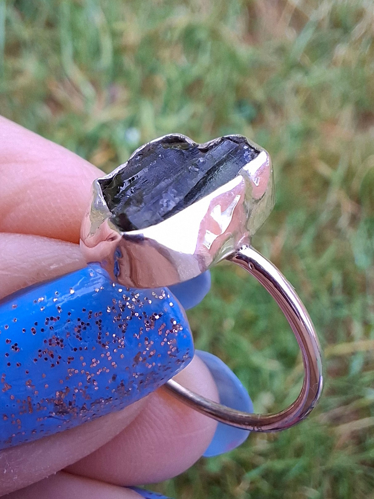 Moldavite Ring, size large N, 925 Silver, Tektite (Ref: R25)