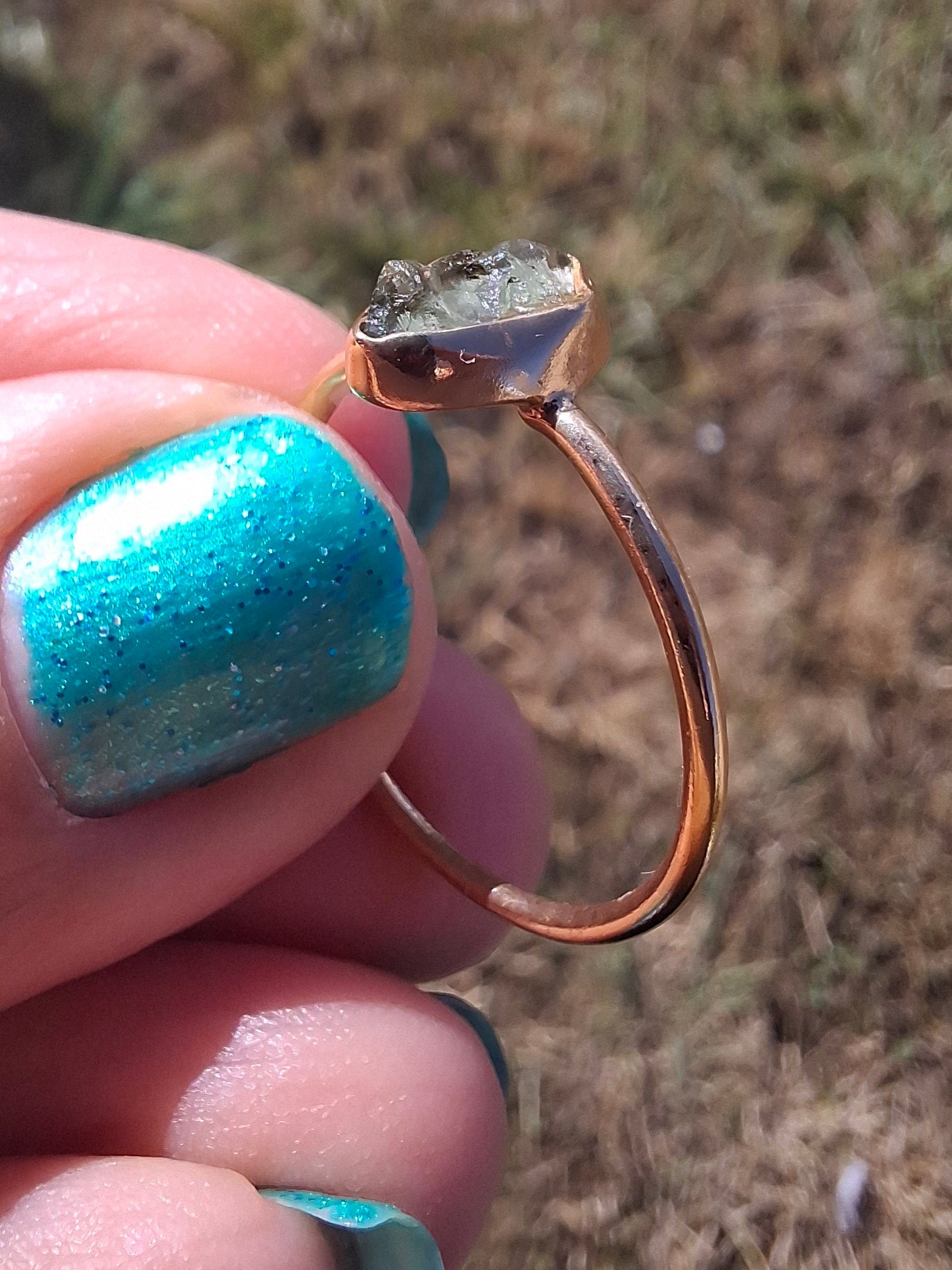 Moldavite Ring, 14K GOLD Plated, size large T, Tektite (Ref: R347)