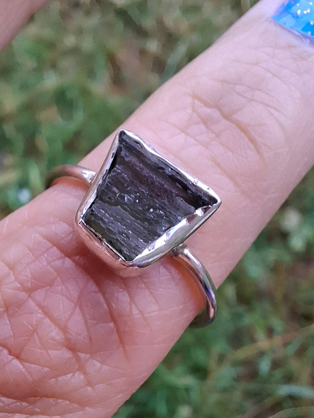 Moldavite Ring, size large P/small Q, 925 Silver, Tektite (Ref: R26)