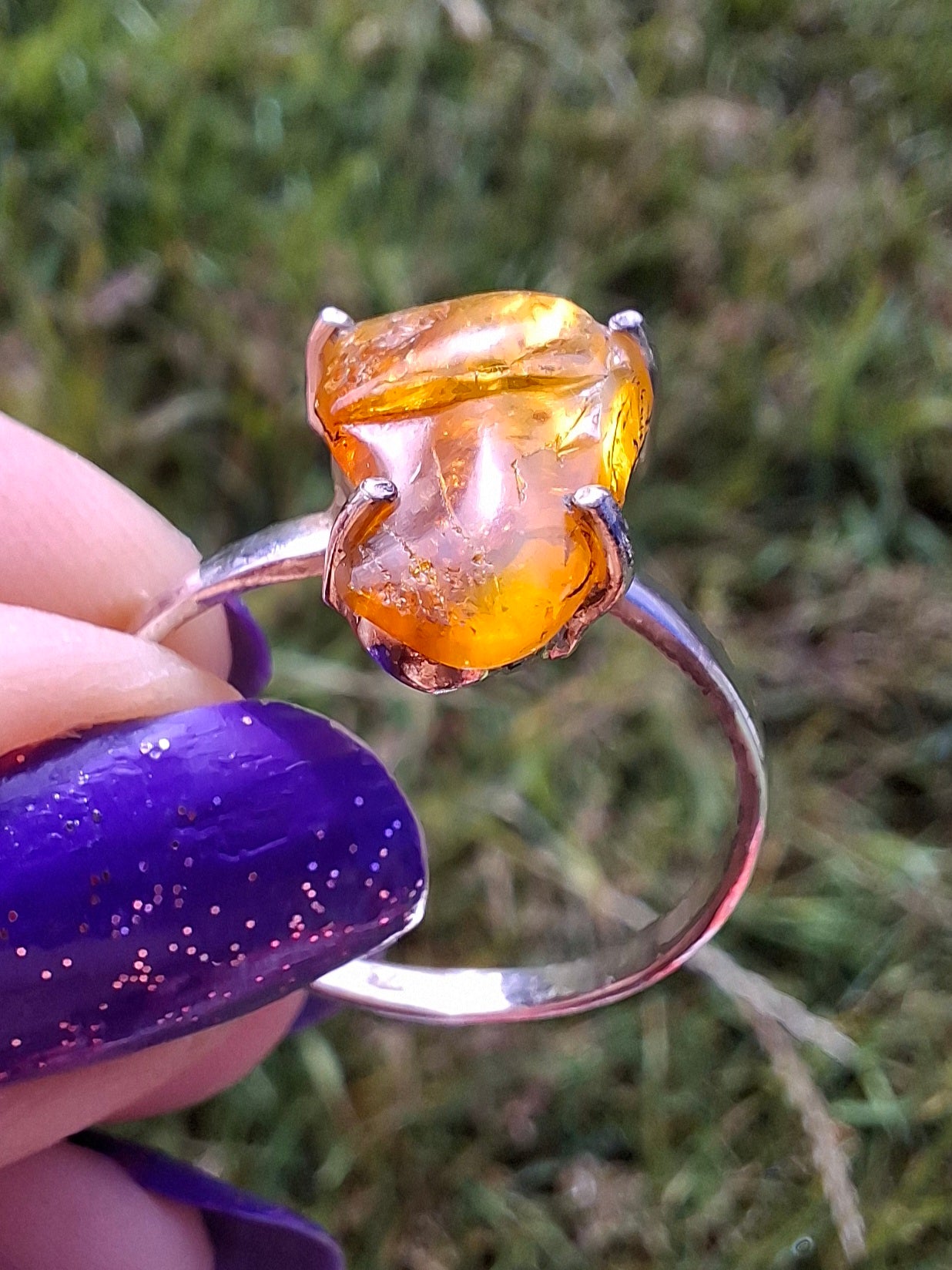 Baltic Amber Ring, size large X, 925 Silver, Fossil (Ref: AR36)