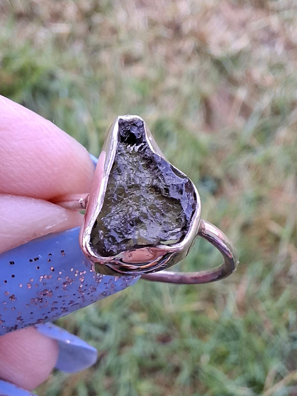 Moldavite Ring, size large M, 925 Silver, Tektite (Ref: R23)