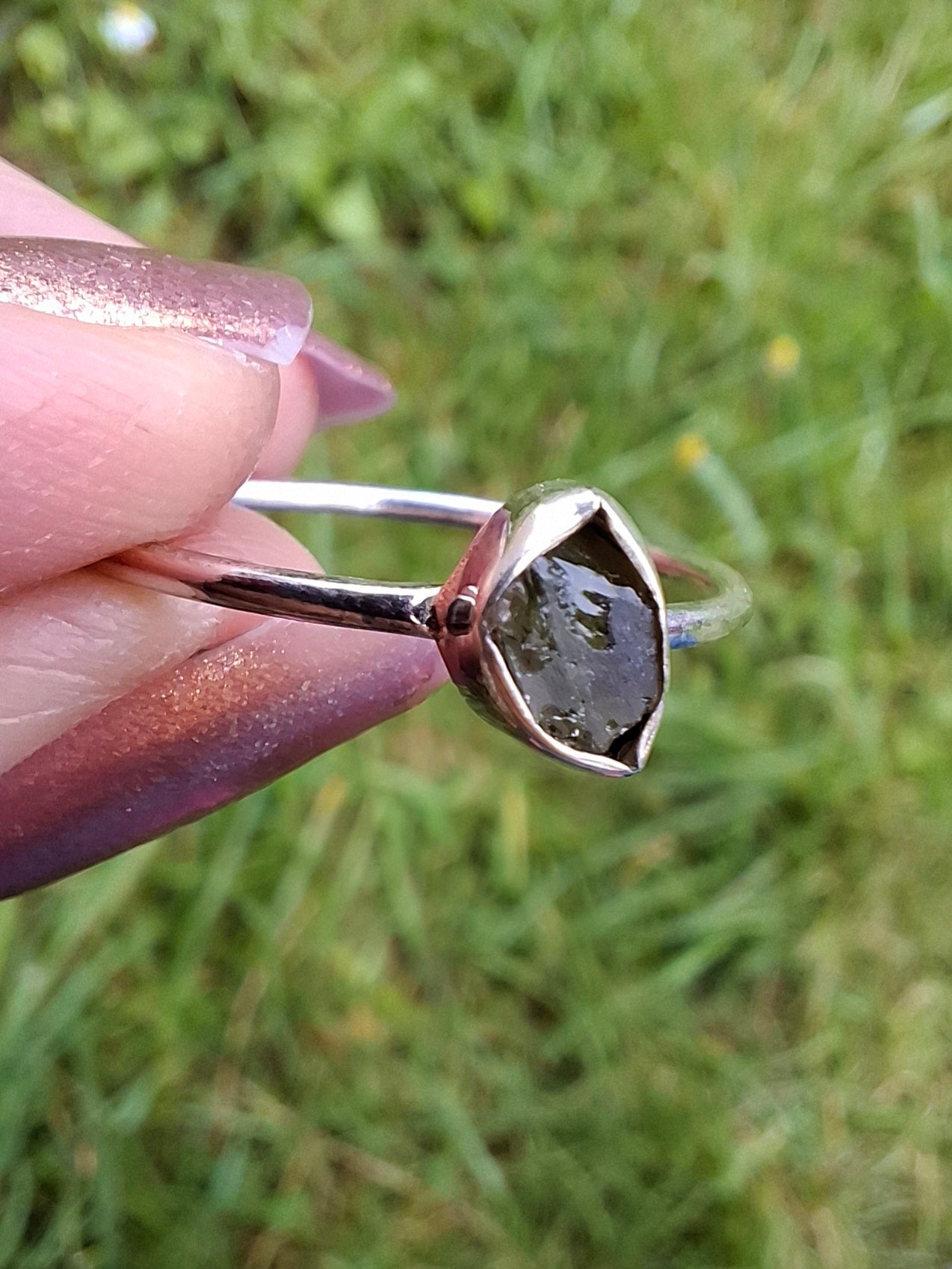 Moldavite Ring, size large T, 925 Silver, Tektite (Ref: R70)