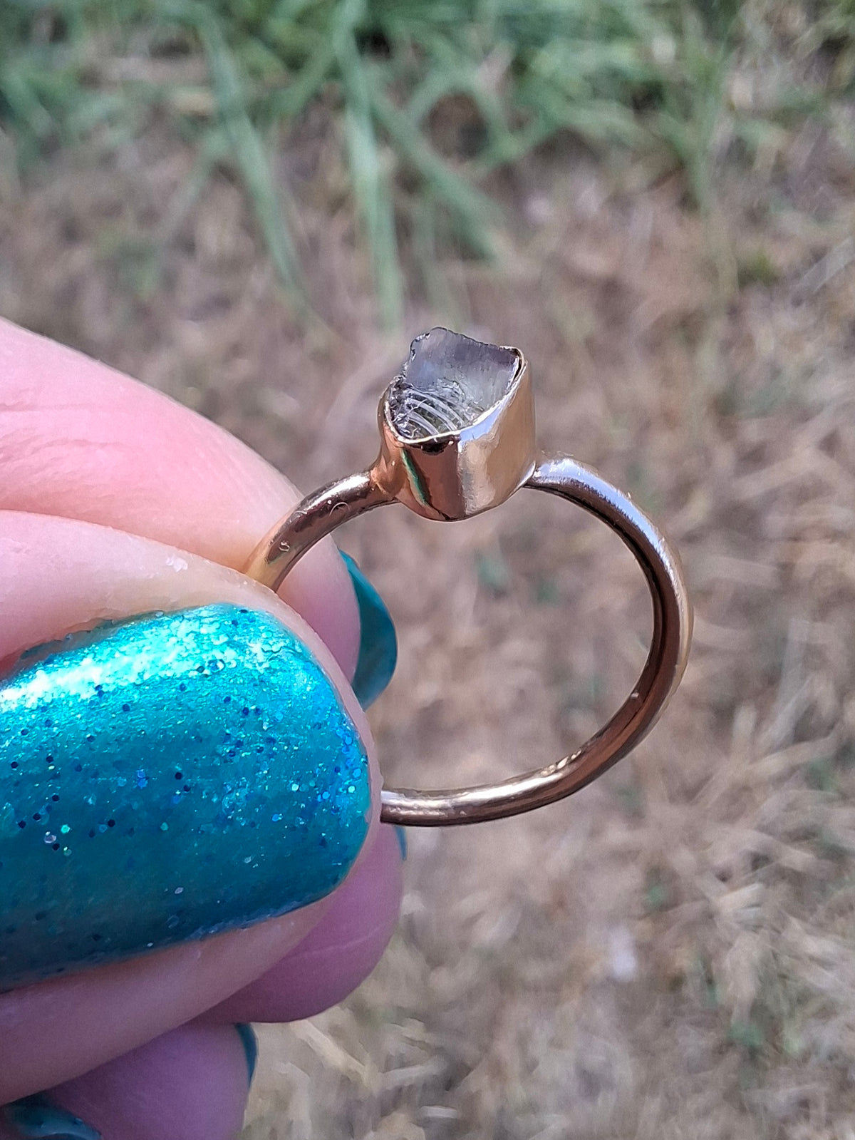 Moldavite Ring, 14K GOLD Plated, size large G / small H, Tektite (Ref: R334)