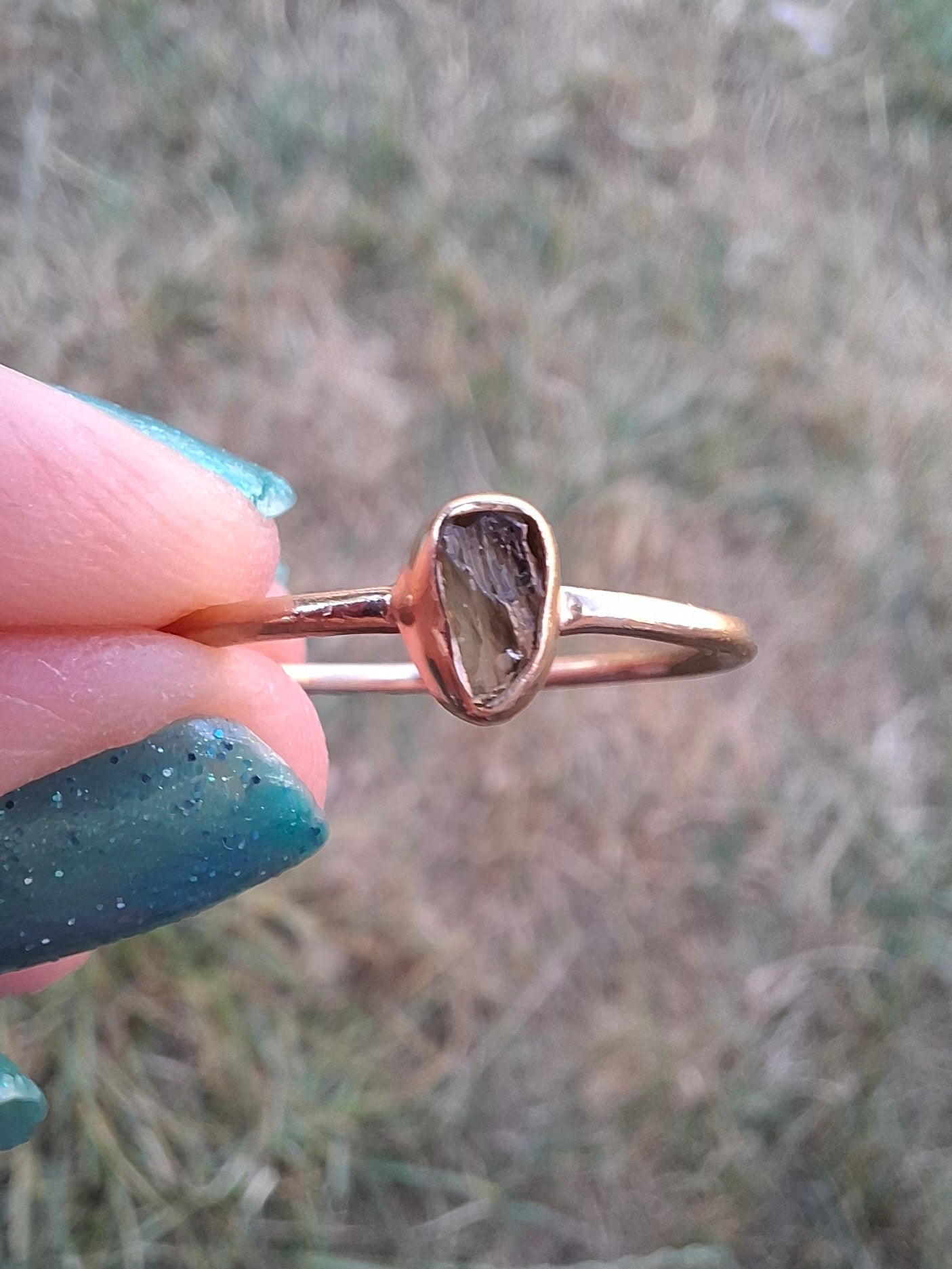 Moldavite Ring, 14K GOLD Plated, size large S, Tektite (Ref: R345)