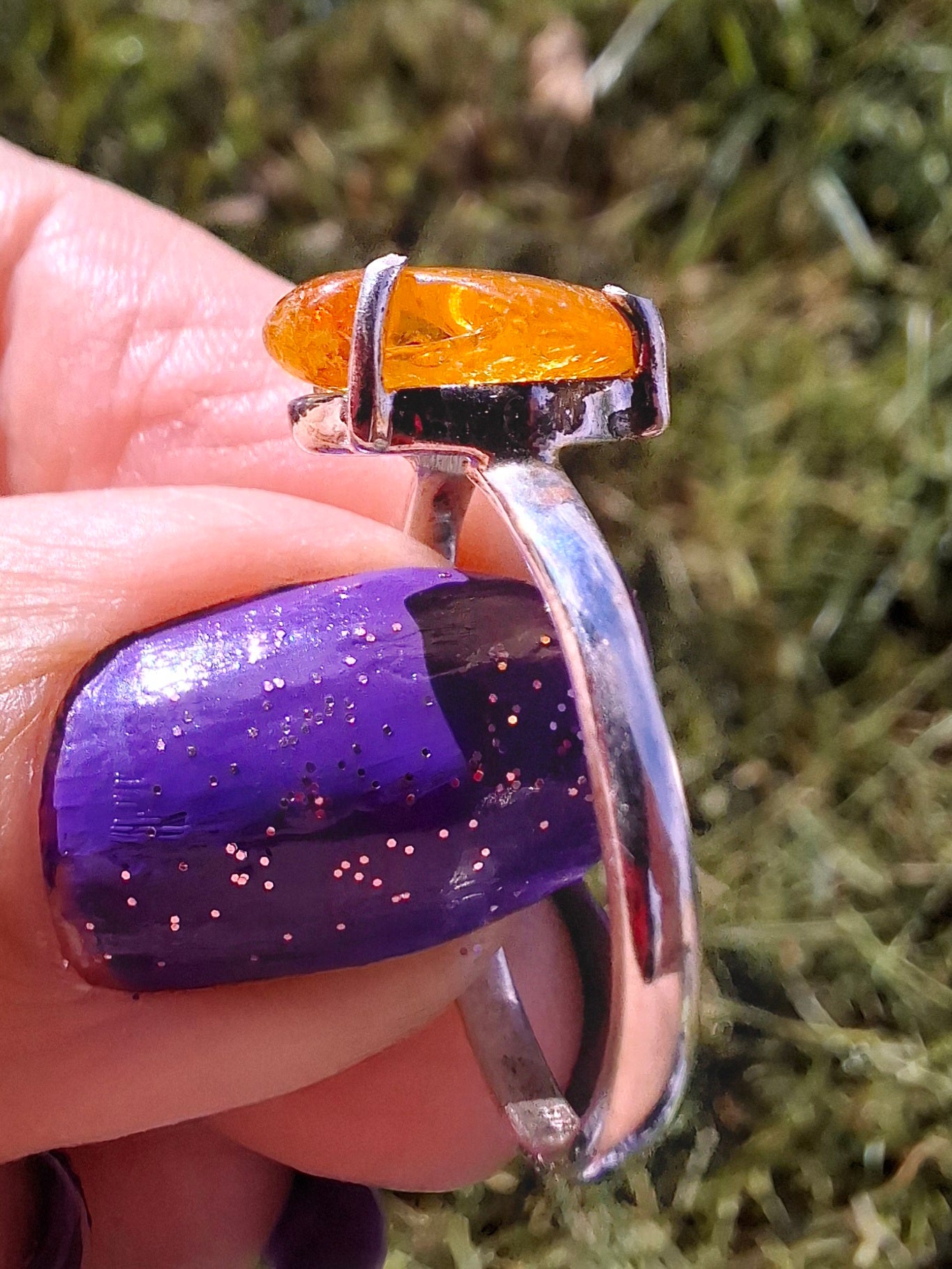 Baltic Amber Ring, size large R, 925 Silver, Fossil (Ref: AR16)