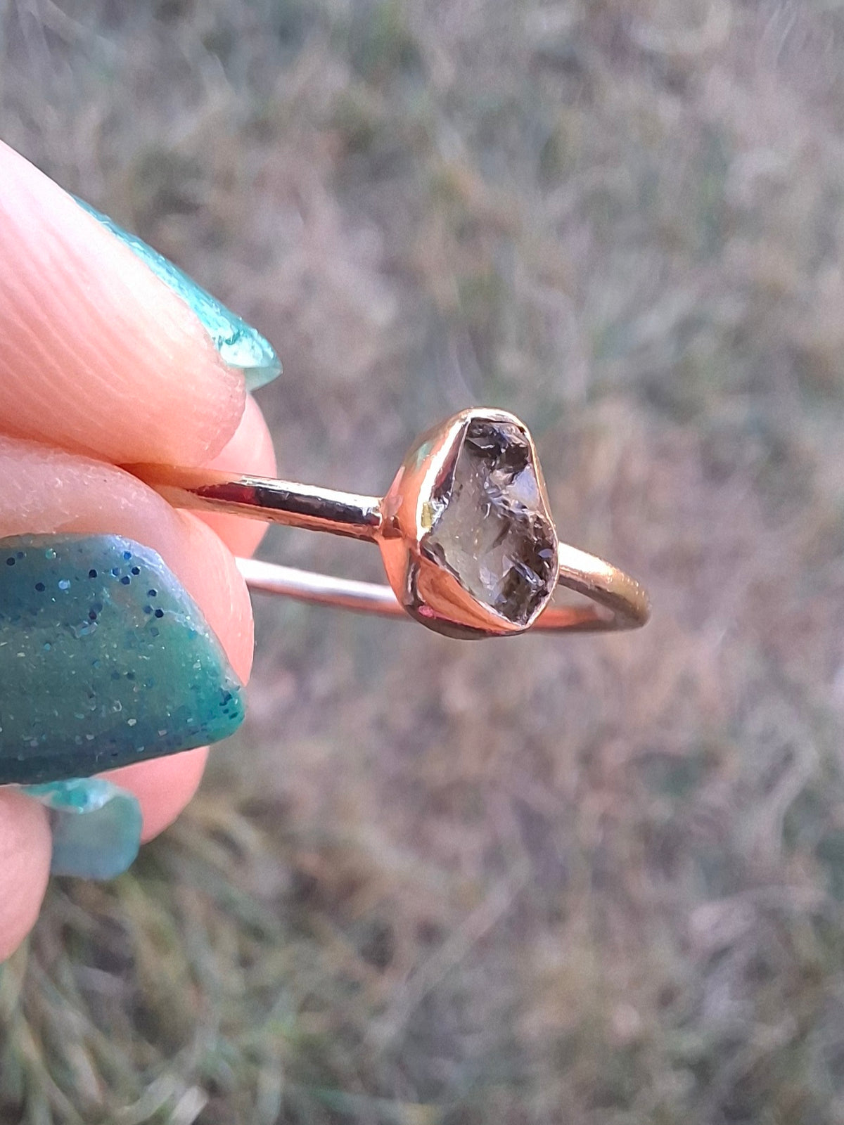 Moldavite Ring, 14K GOLD Plated, size large T, Tektite (Ref: R350)
