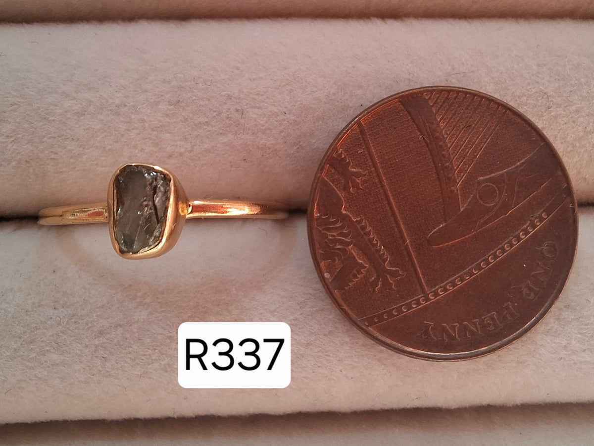 Moldavite Ring, 14K GOLD Plated, size large M, Tektite (Ref: R337)