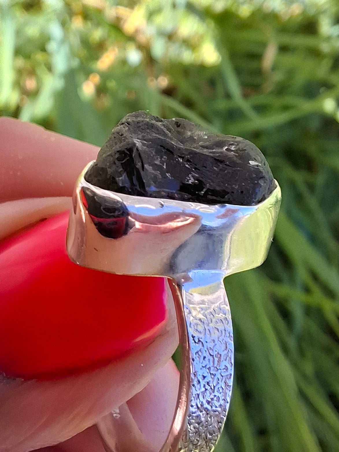 Moldavite Ring, size R, 925 Silver, Tektite (Ref: R317)
