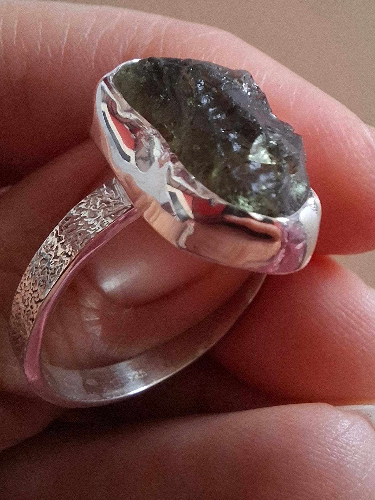 Moldavite Ring, size Y, 925 Silver, Tektite (Ref: R330)
