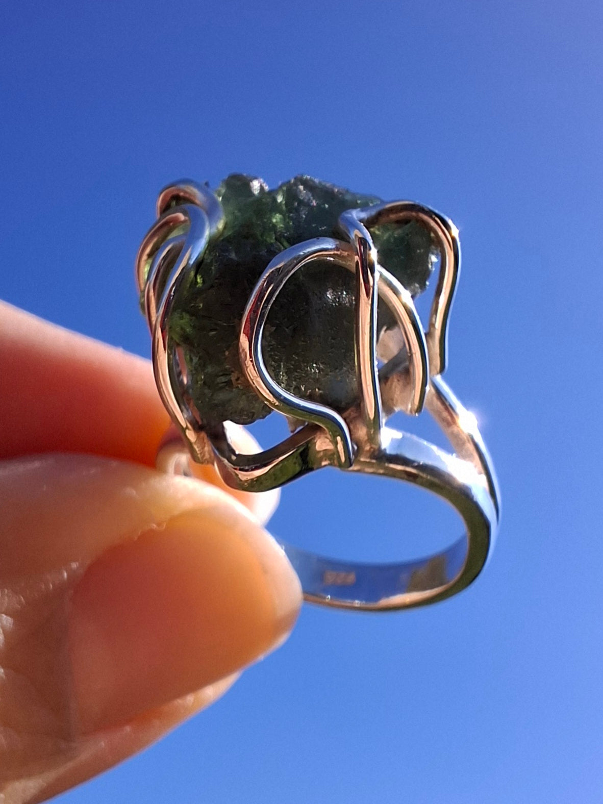 Moldavite Ring, size large L/small M, 925 Silver, Tektite (Ref: R4)