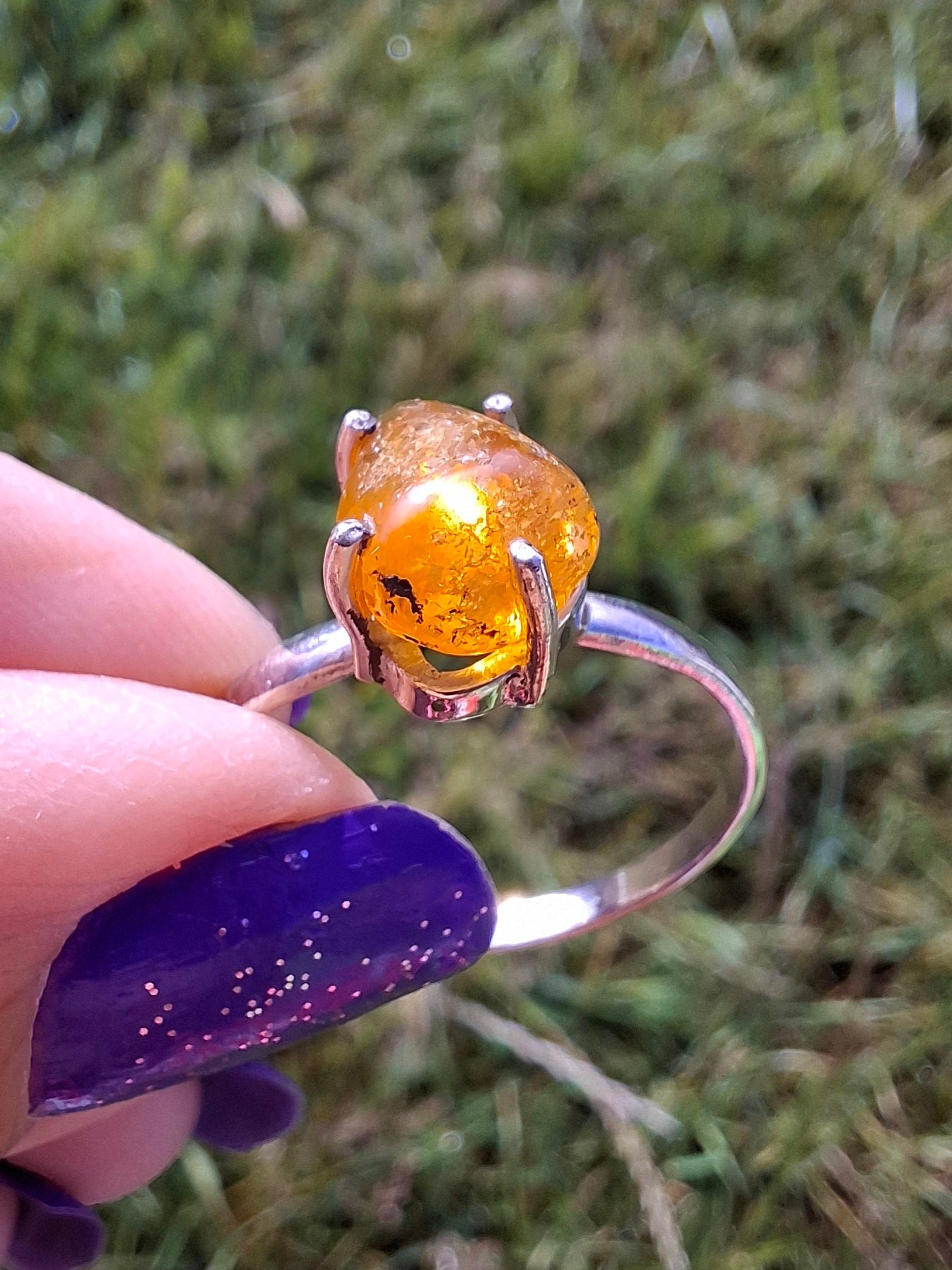 Baltic Amber Ring, size large Y, 925 Silver, Fossil (Ref: AR37)