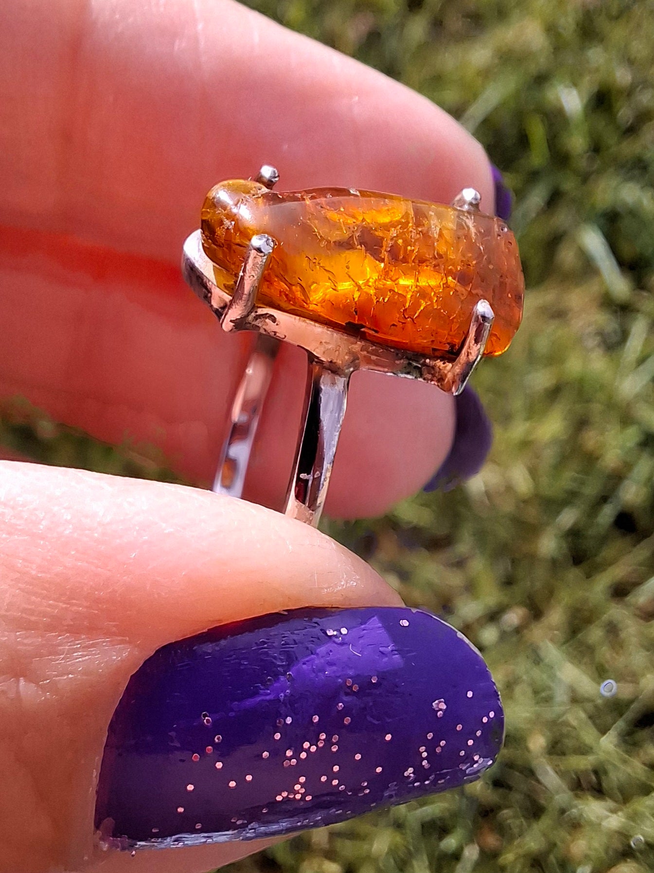 Baltic Amber Ring, size large Y, 925 Silver, Fossil (Ref: AR22)