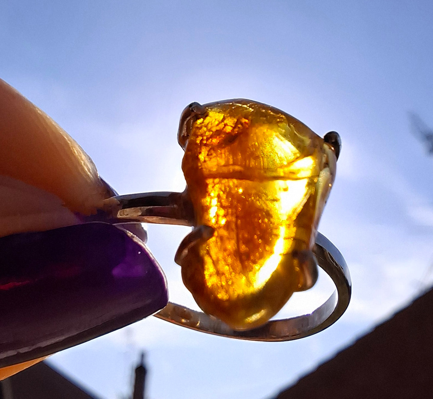 Baltic Amber Ring, size large X, 925 Silver, Fossil (Ref: AR36)