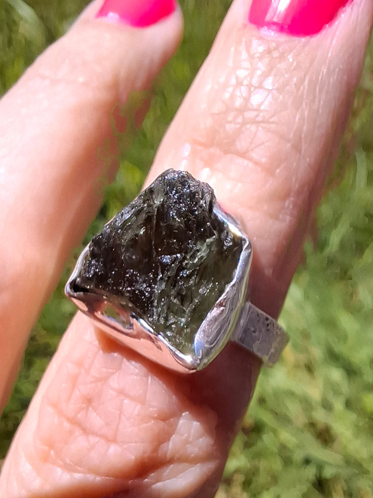 Moldavite Ring, size K, 925 Silver, Tektite (Ref: R302)
