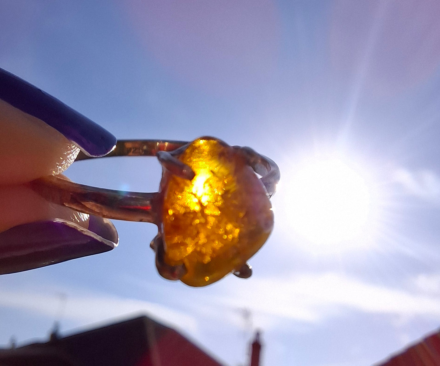 Baltic Amber Ring, size large Y, 925 Silver, Fossil (Ref: AR37)