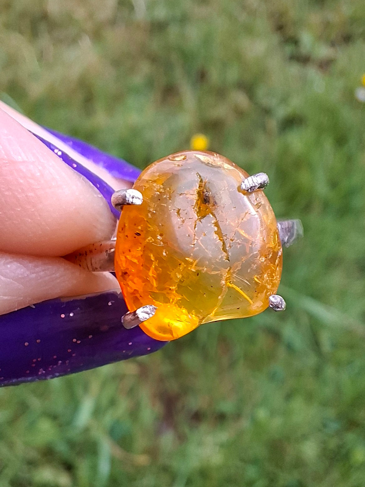 Baltic Amber Ring, size large Q, 925 Silver, Fossil (Ref: AR14)