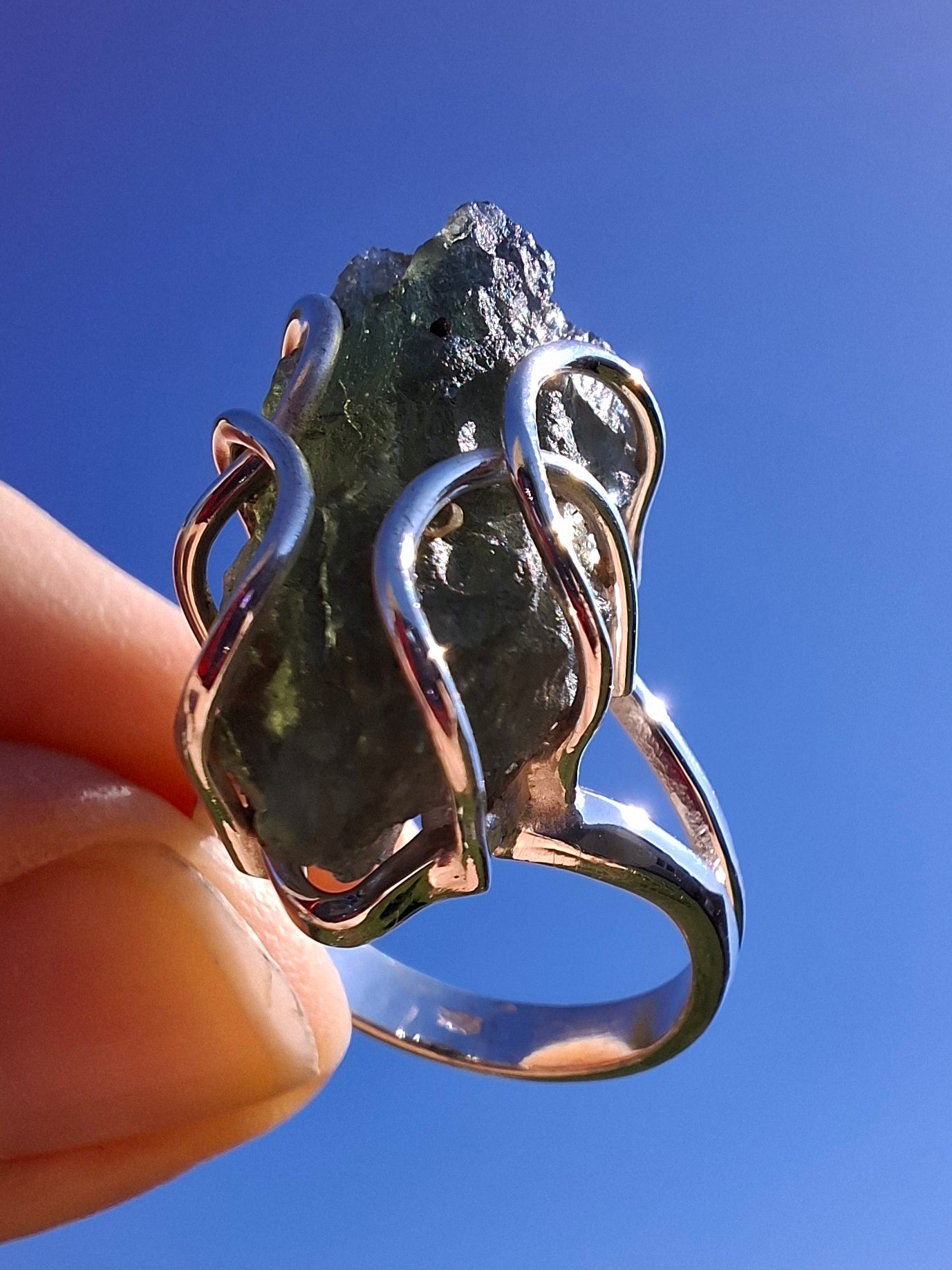 Moldavite Ring, size O, 925 Silver, Tektite (Ref: R8)