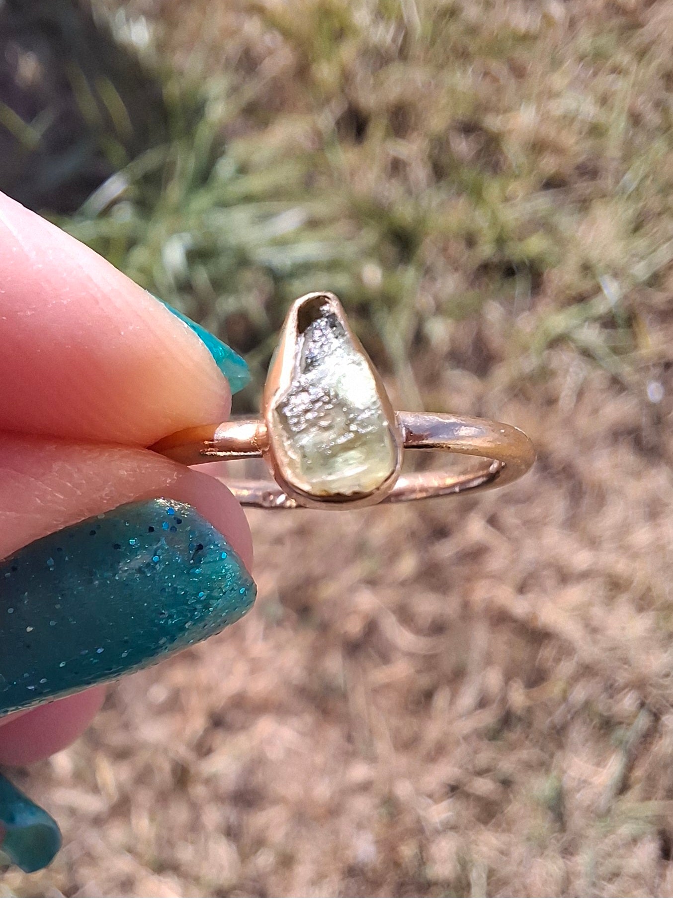 Moldavite Ring, 14K GOLD Plated, size large J, Tektite (Ref: R338)