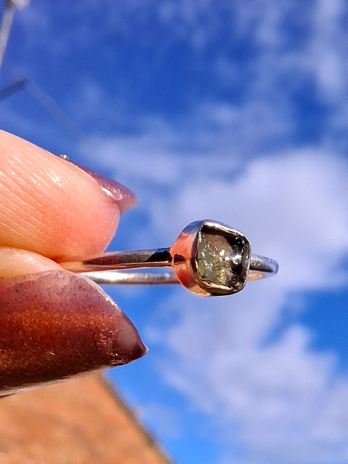 Moldavite Ring, size large L/small M, 925 Silver, Tektite (Ref: R37)