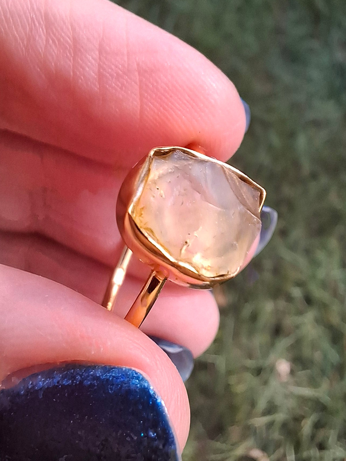 Libyan Desert Glass Ring, 14K GOLD Plated, size large S, Tektite (Ref: LR72)