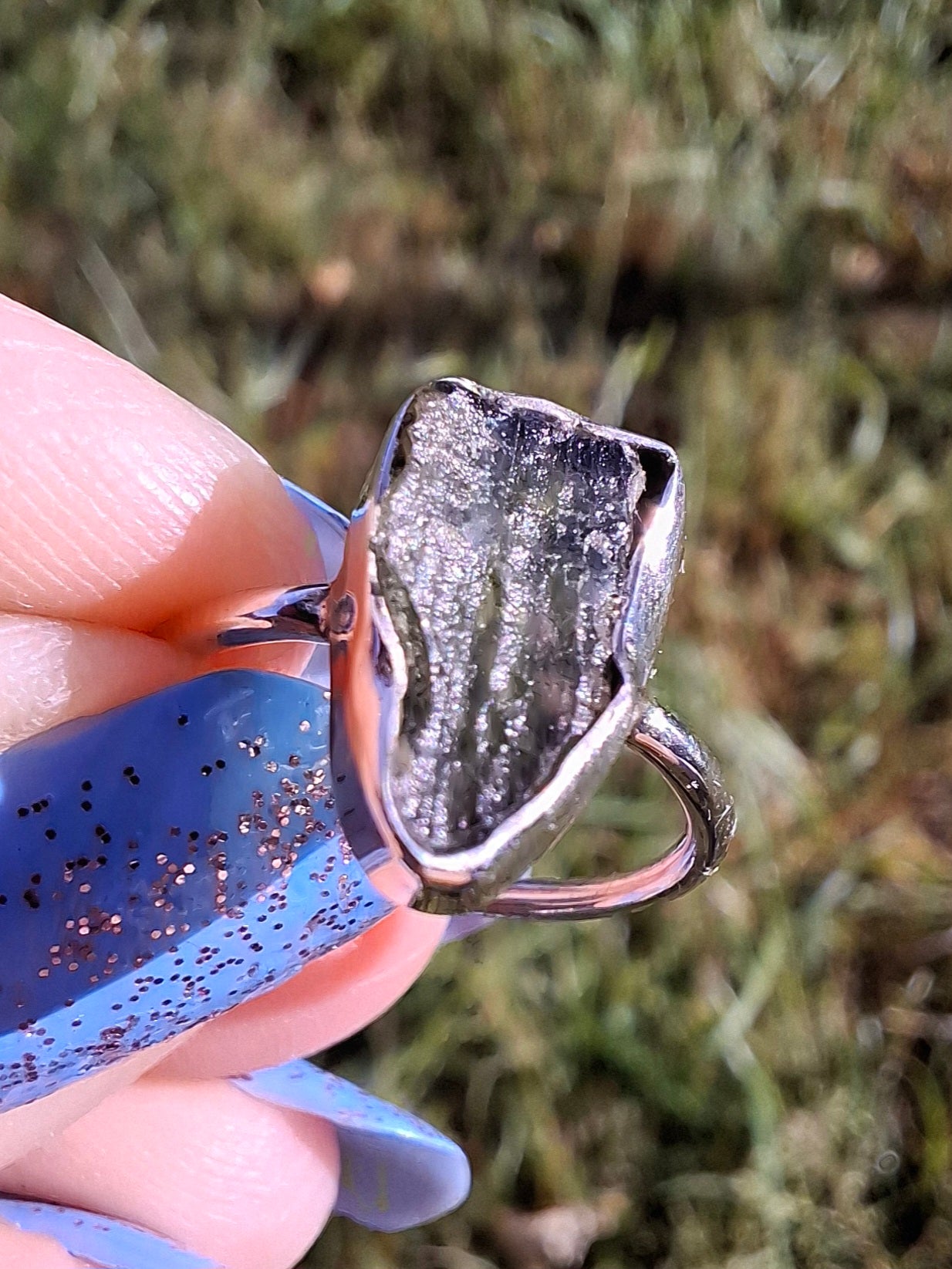 Moldavite Ring, size Large G, 925 Silver, Tektite (Ref: R18)