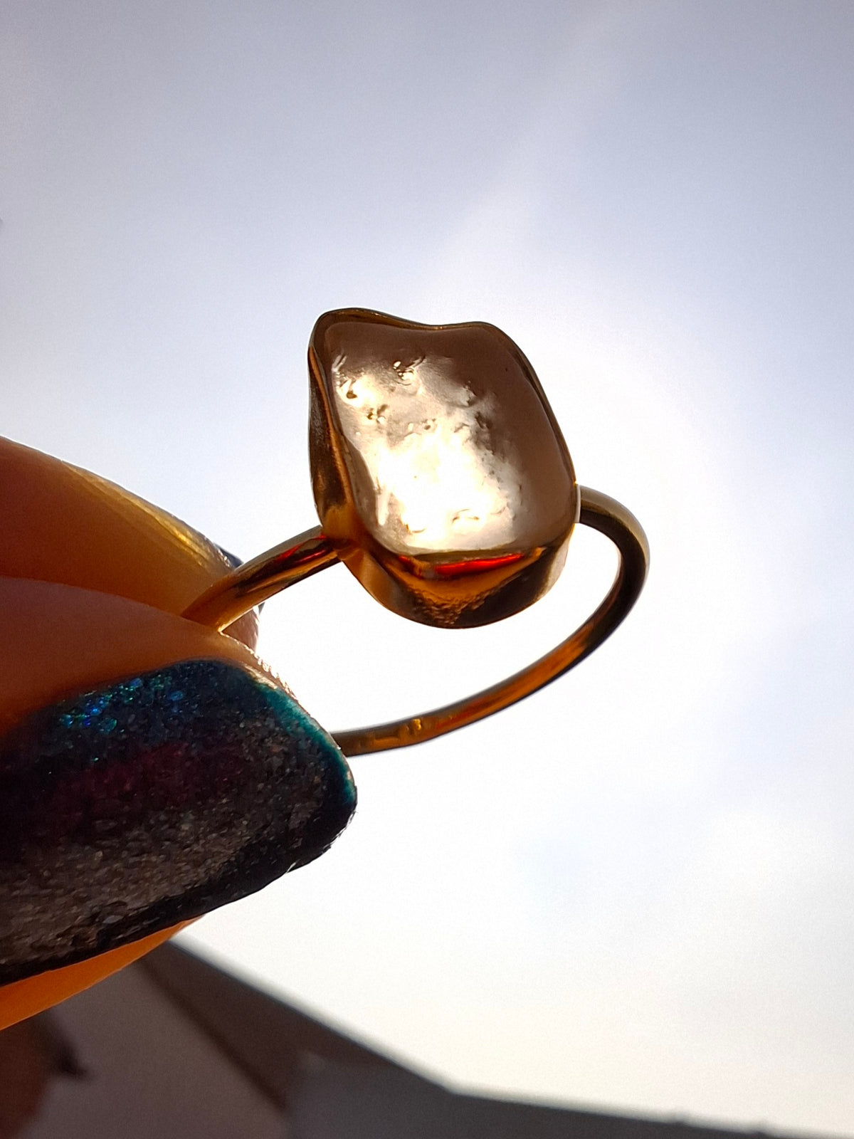 Libyan Desert Glass Ring, 14K GOLD Plated, size large Q, Tektite (Ref: LR64)