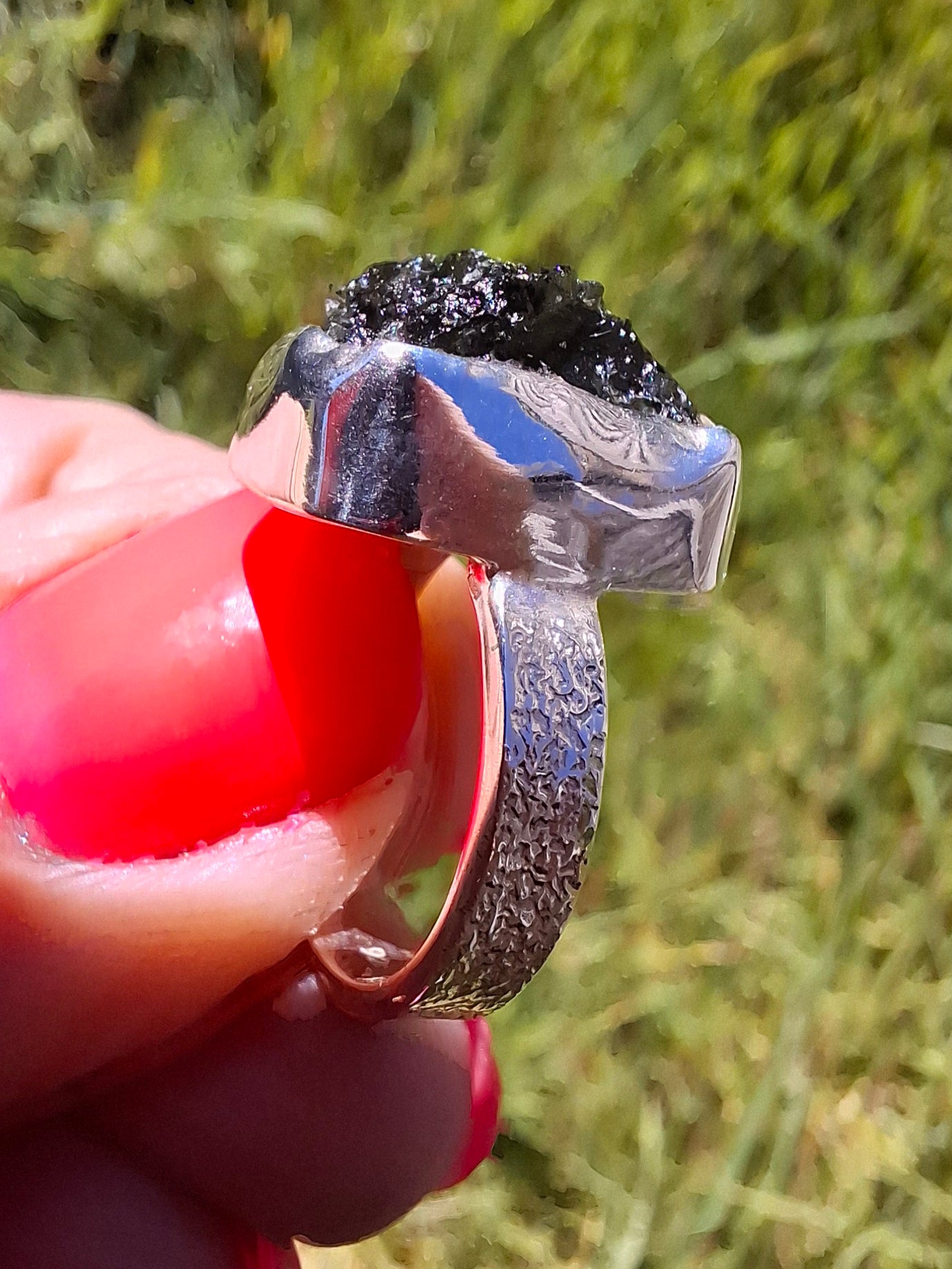 Moldavite Ring, size large G/small H, 925 Silver, Tektite (Ref: R293)