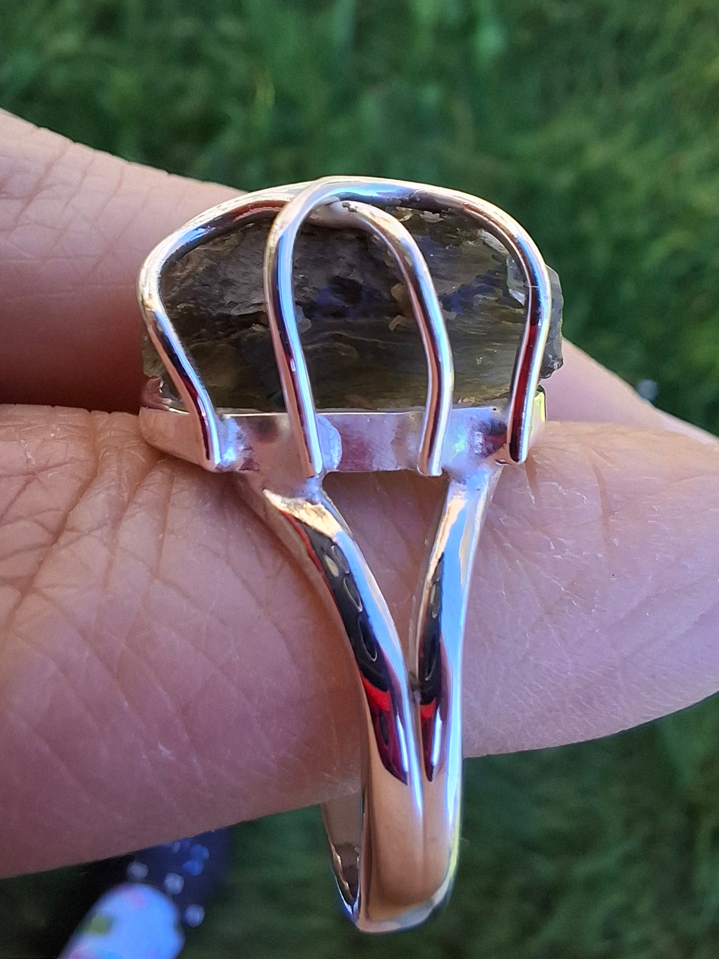 Moldavite Ring, size S, 925 Silver, Tektite (Ref: R12)