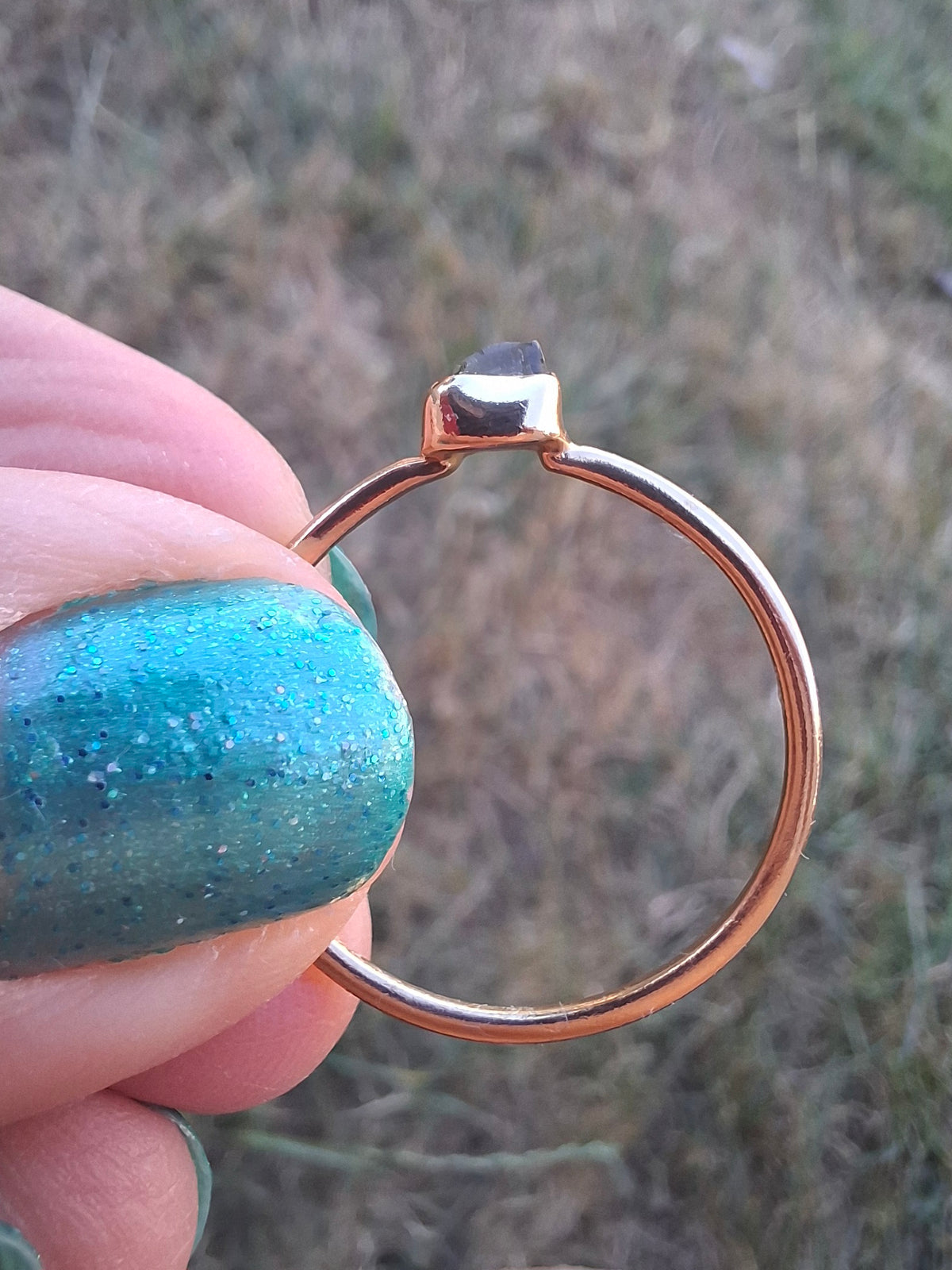 Moldavite Ring, 14K GOLD Plated, size large T, Tektite (Ref: R349)