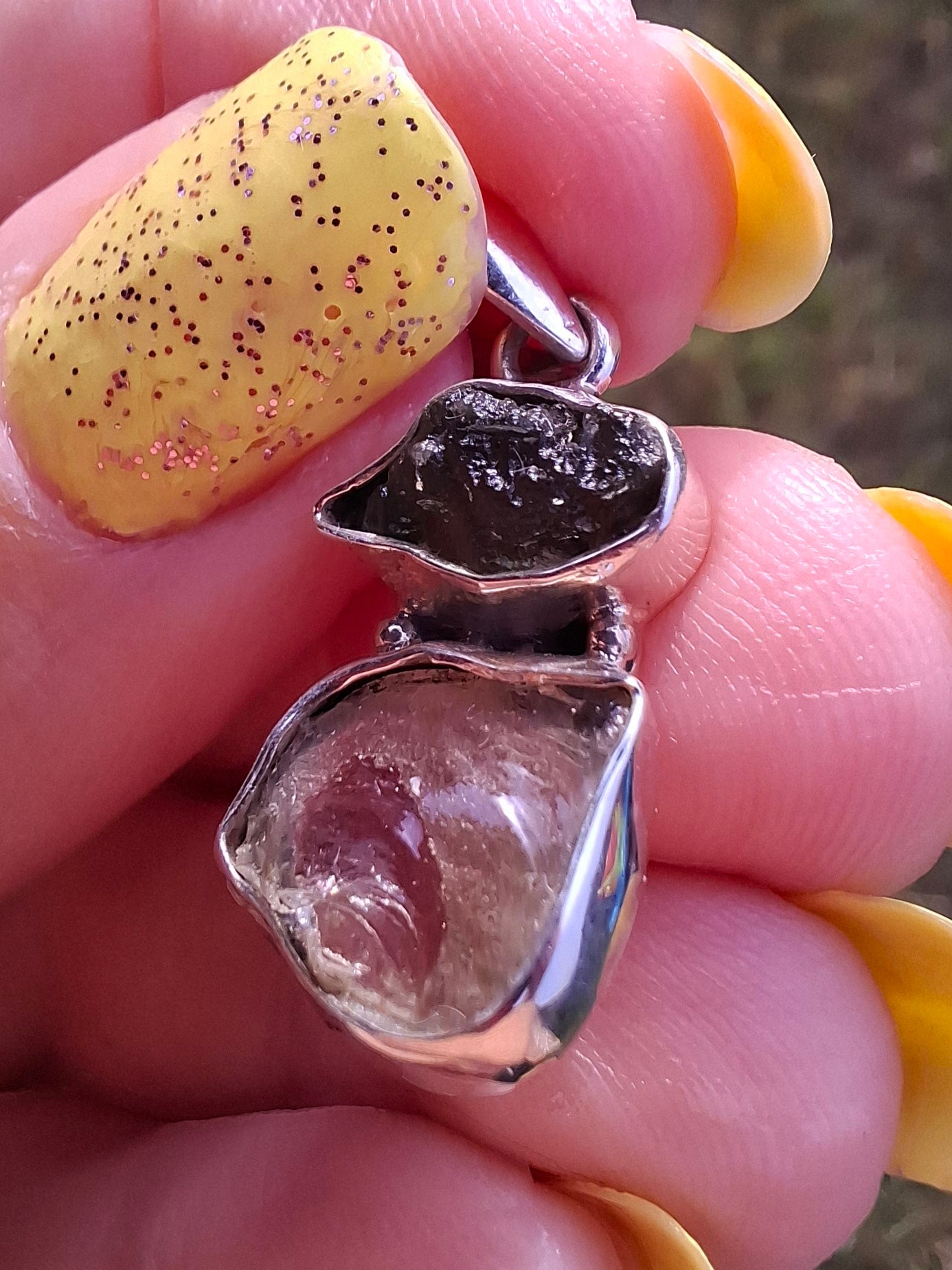 Moldavite & Libyan Desert Glass Pendant, 925 Silver, Tektite (Ref: MLP13)