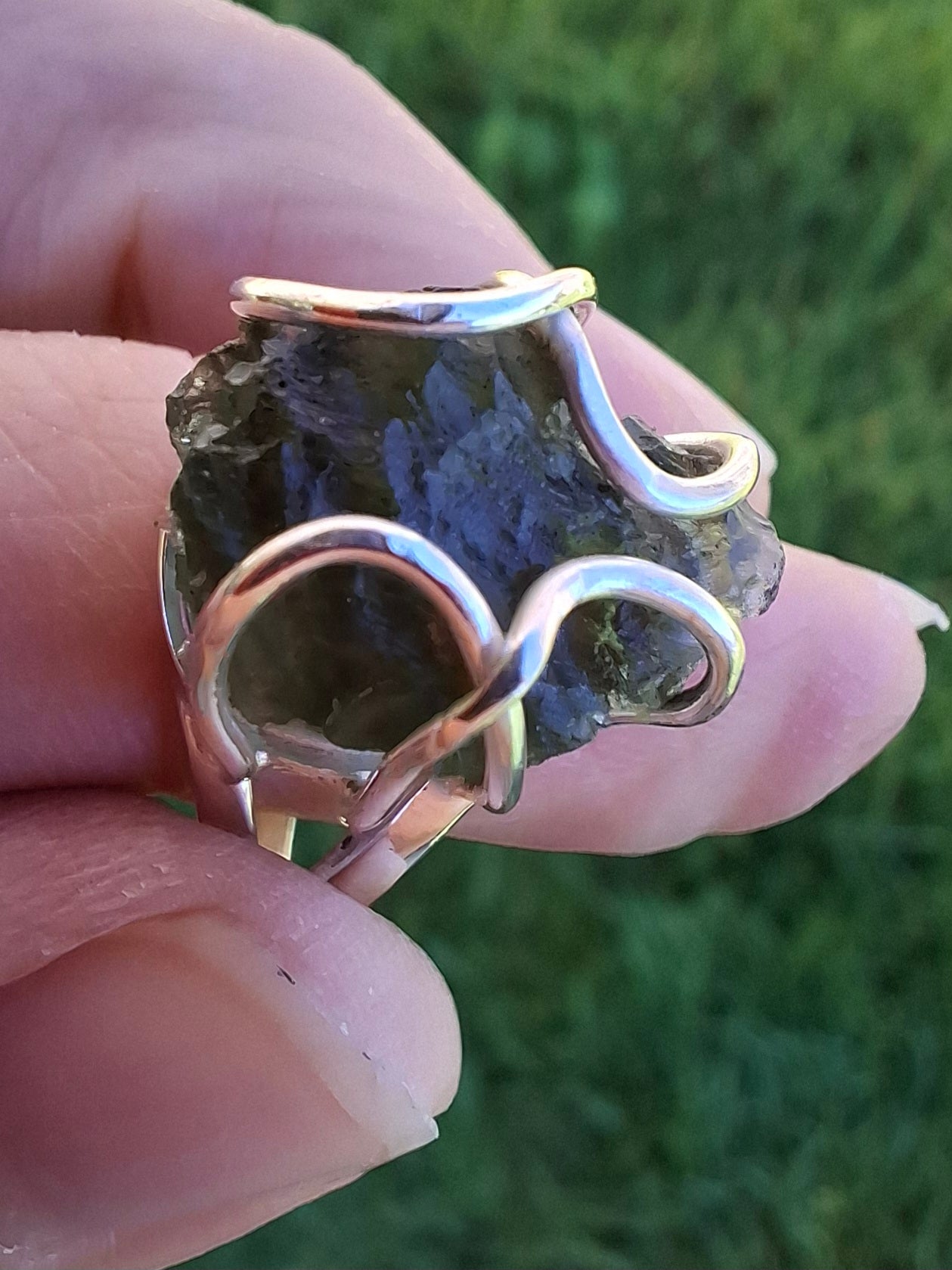 Moldavite Ring, size O, 925 Silver, Tektite (Ref: R7)